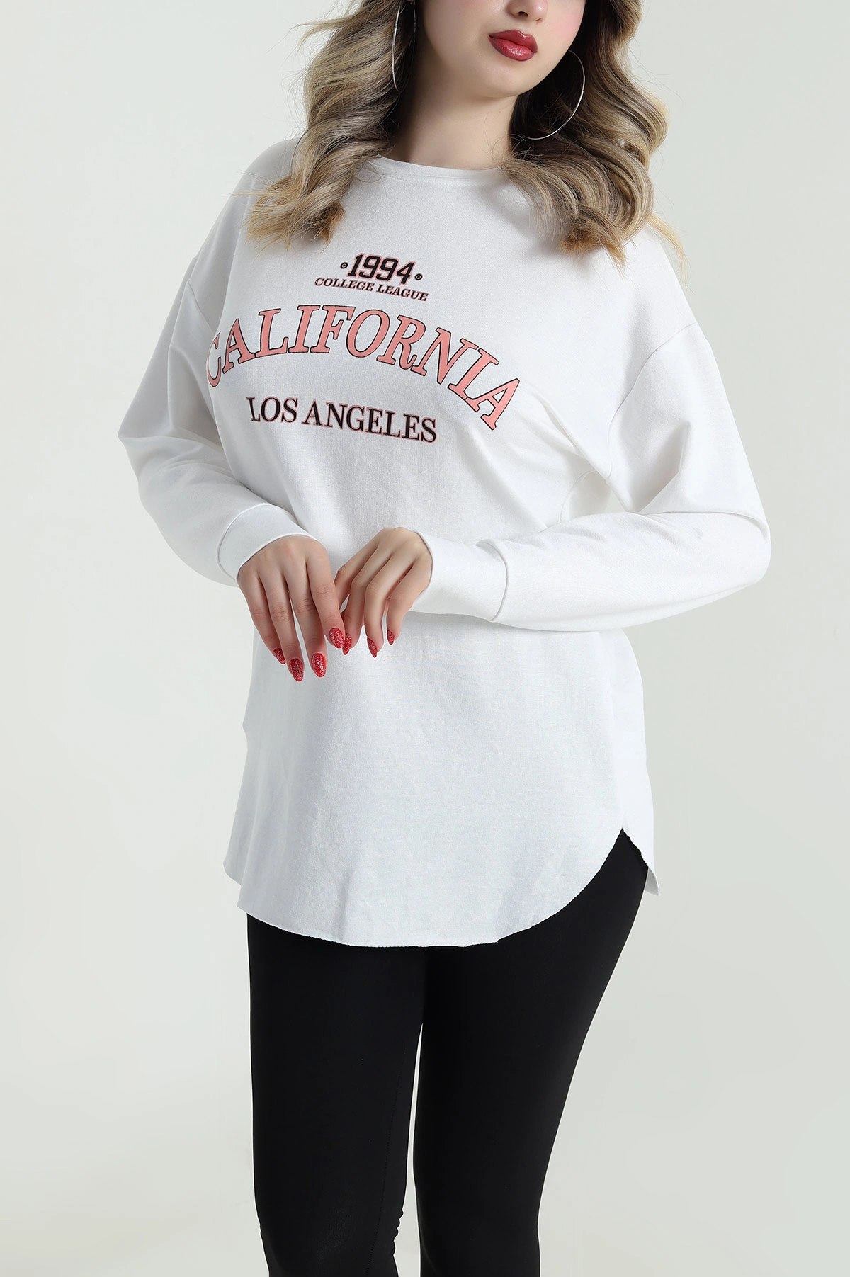Beyaz Baskılı Kristal Kadın Sweat Tunik 485134