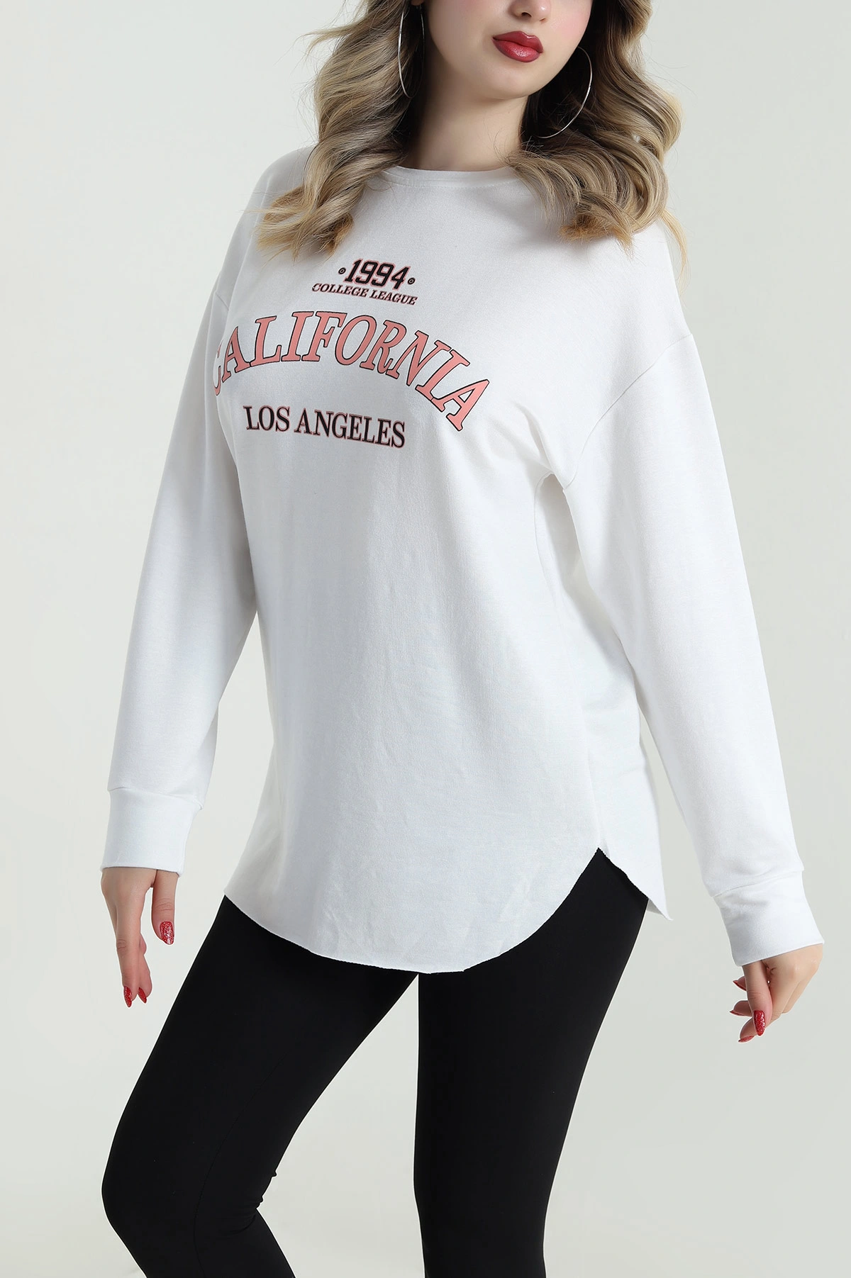 Beyaz Baskılı Kristal Kadın Sweat Tunik 485134
