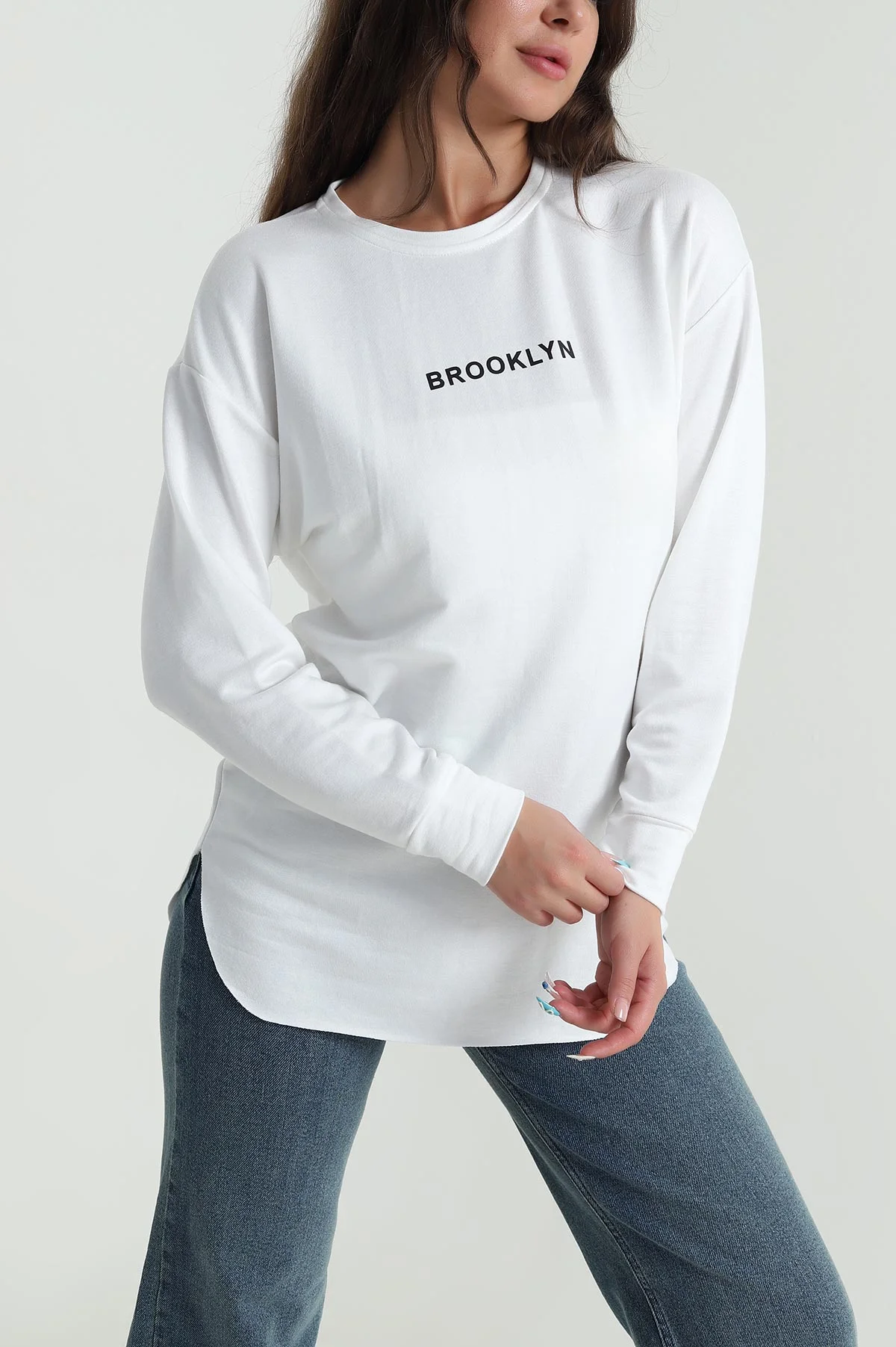 Beyaz Baskılı Kristal Kadın Sweat Tunik 485150