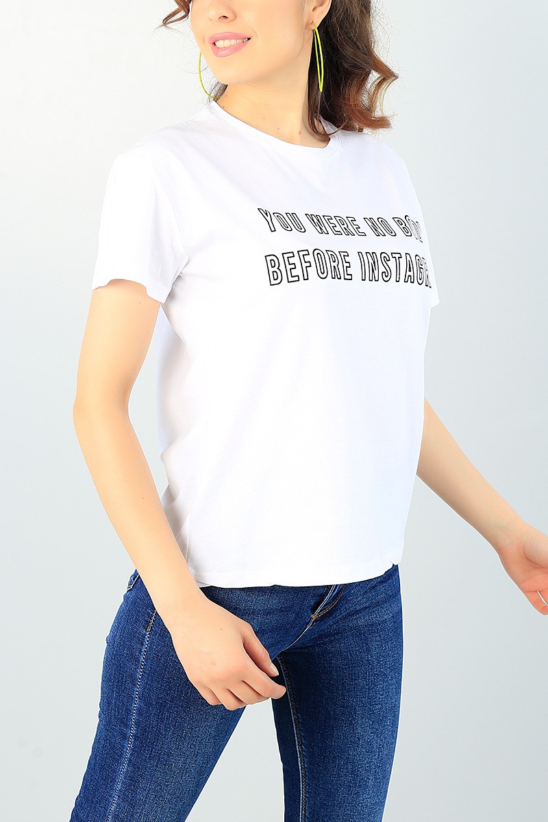 Beyaz Baskılı Likralı Bayan Tişört 65338