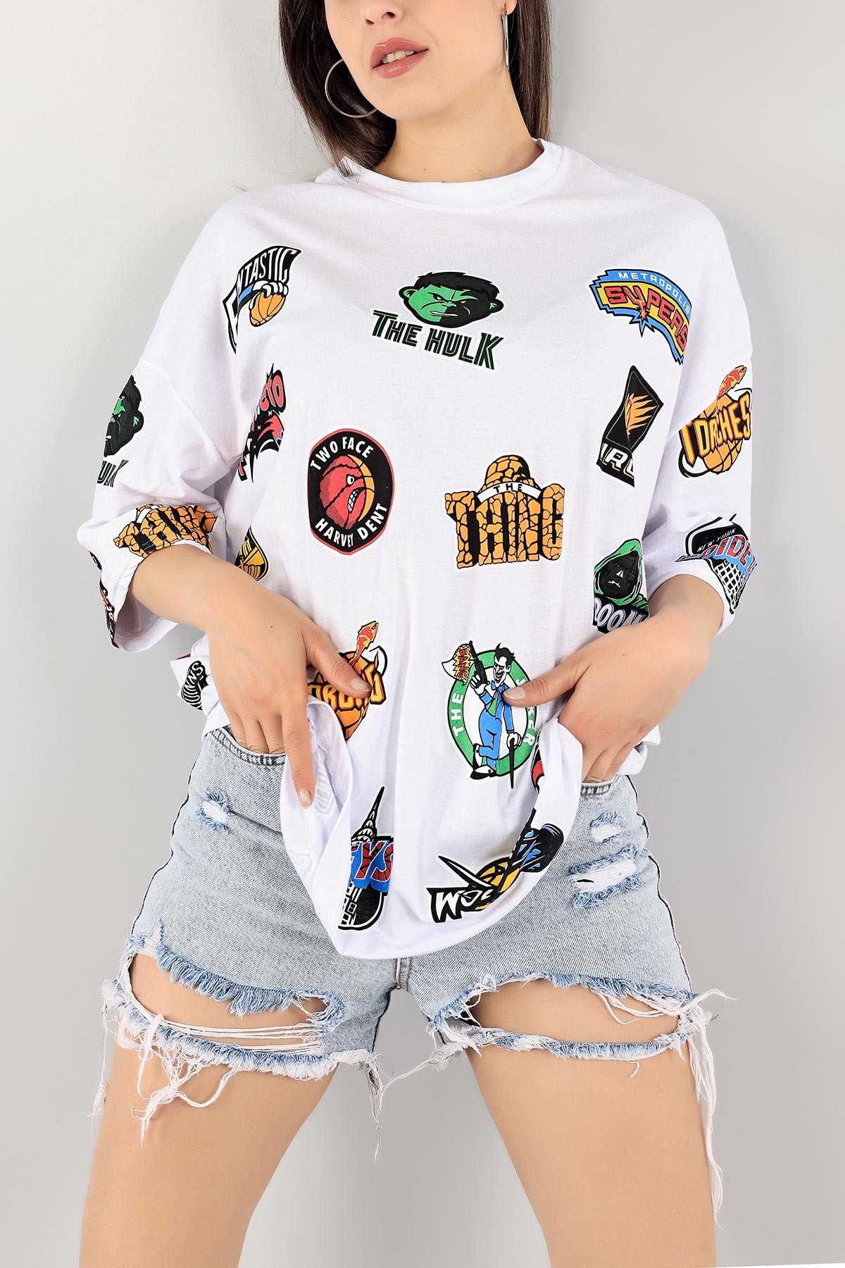 Beyaz Baskılı Oversize Bayan Tişört 117232