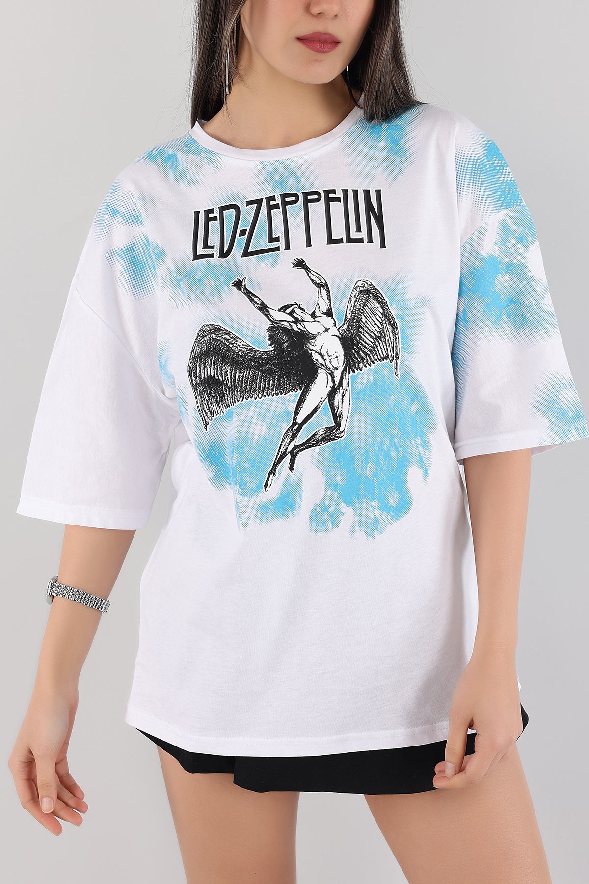 Beyaz Baskılı Oversize Bayan Tişört 166230