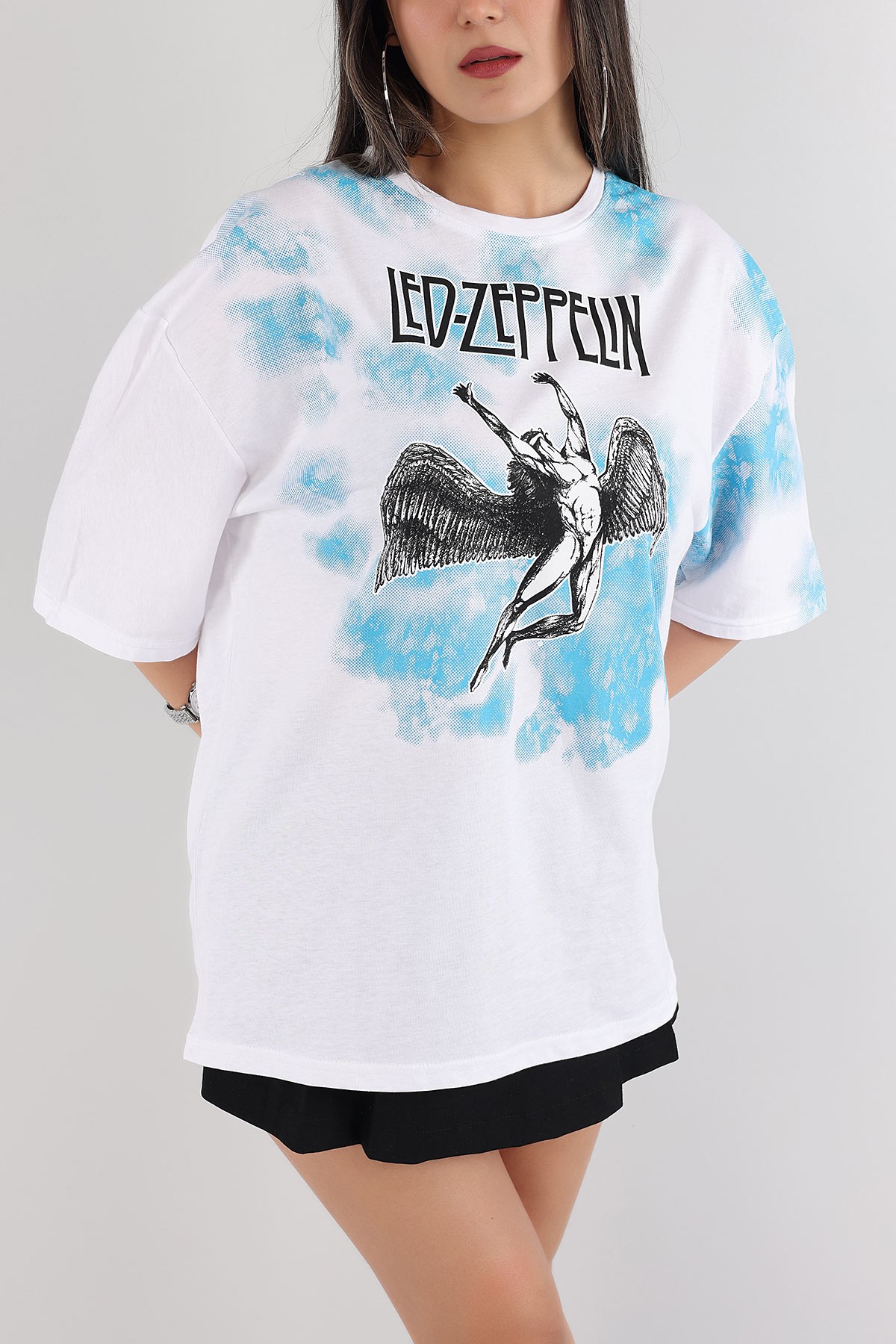 Beyaz Baskılı Oversize Bayan Tişört 166230