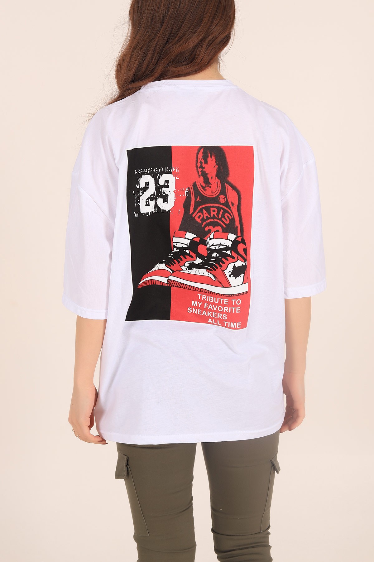 Beyaz Baskılı Oversize Bayan Tişört 169871