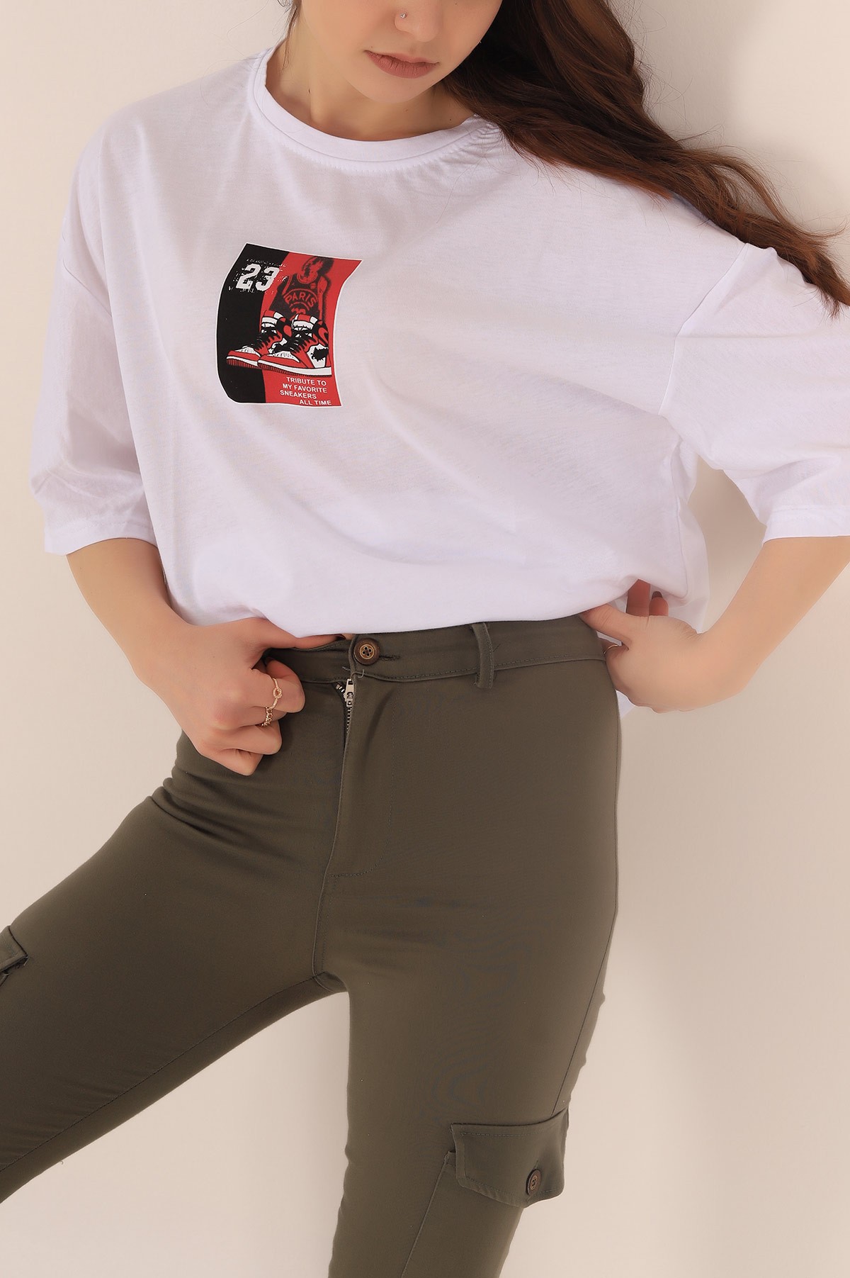 Beyaz Baskılı Oversize Bayan Tişört 169871