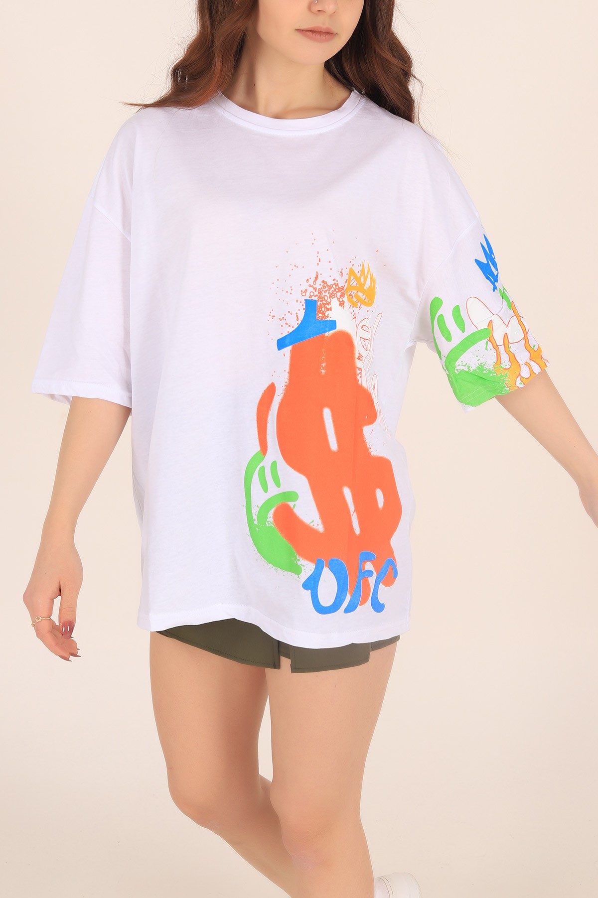Beyaz Baskılı Oversize Bayan Tişört 169877