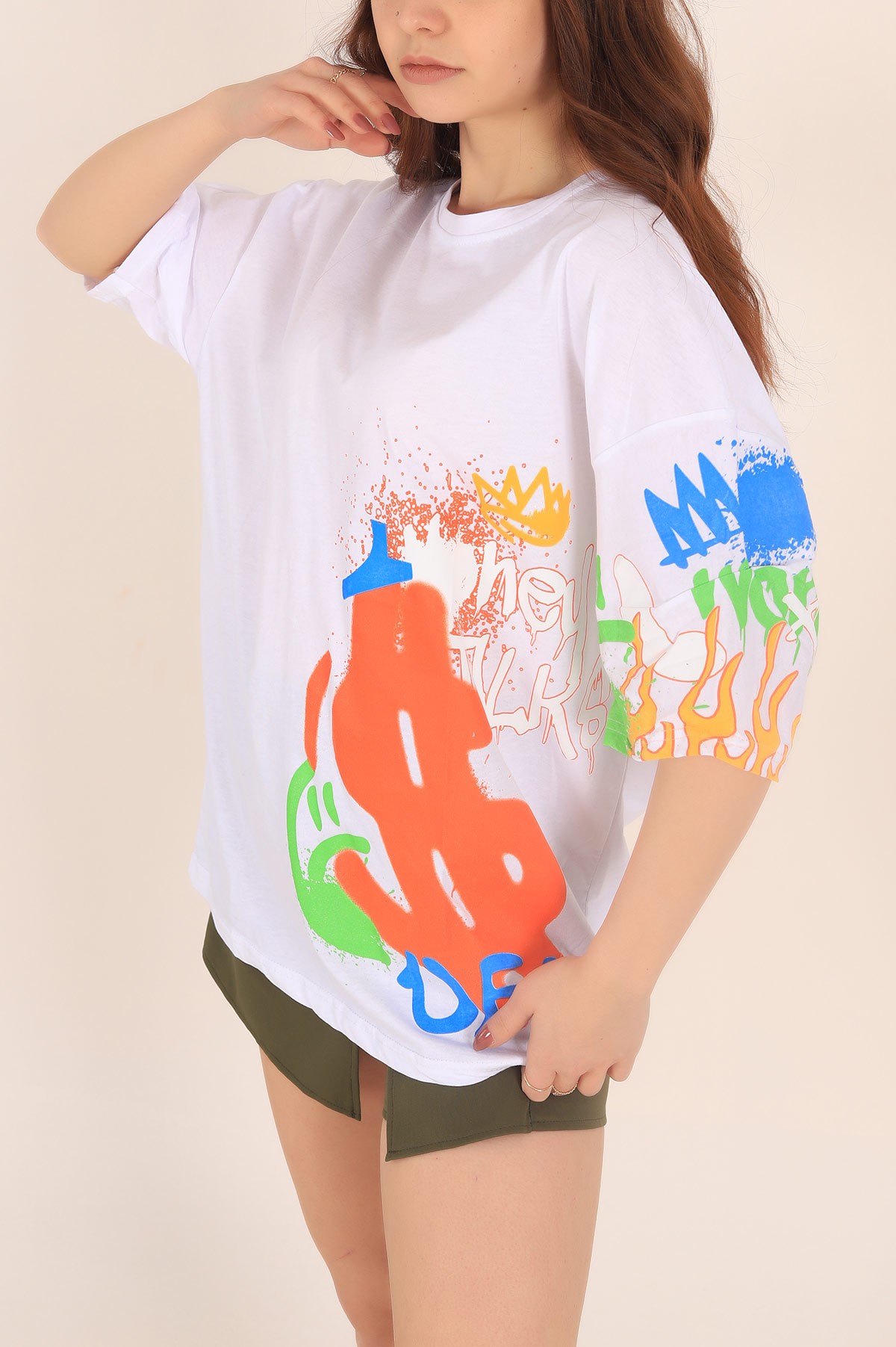 Beyaz Baskılı Oversize Bayan Tişört 169877