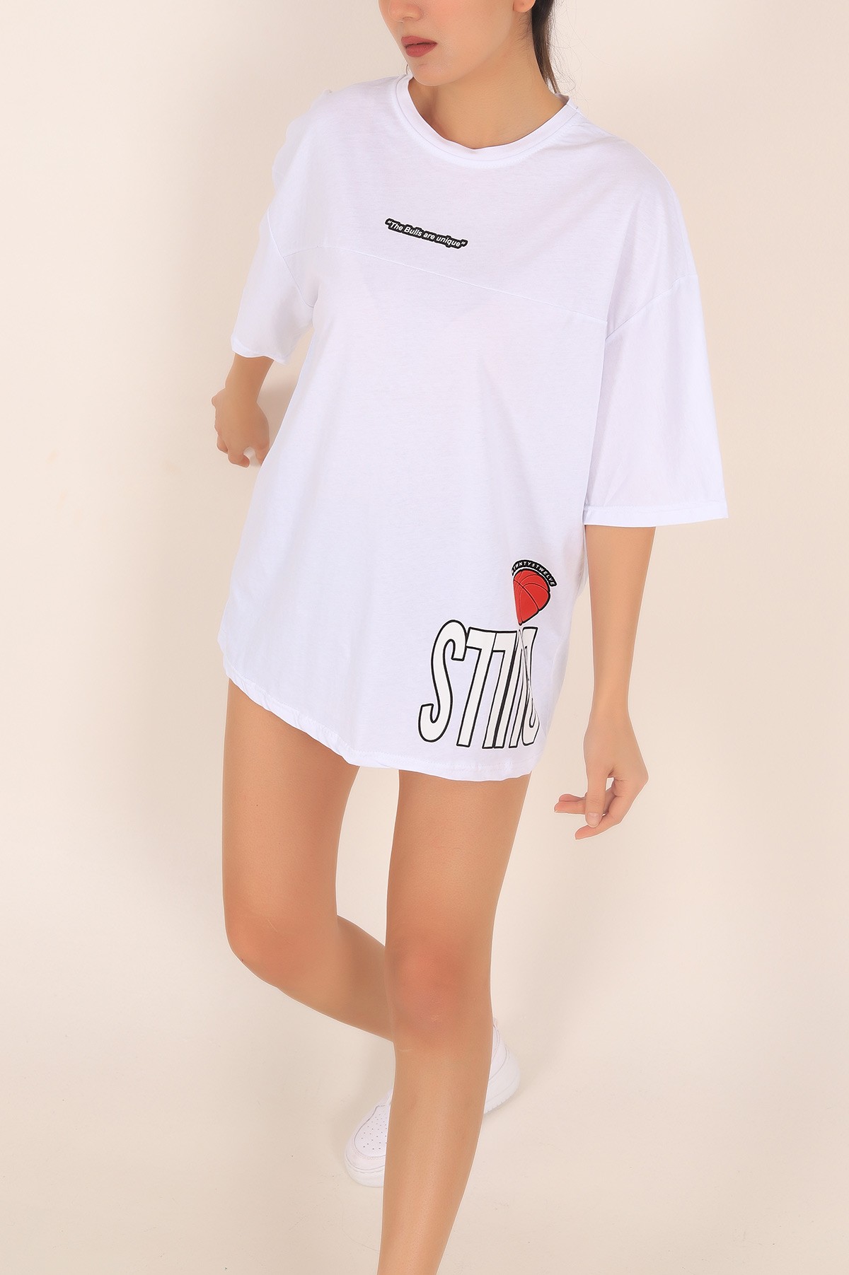 Beyaz Baskılı Oversize Bayan Tişört 169910