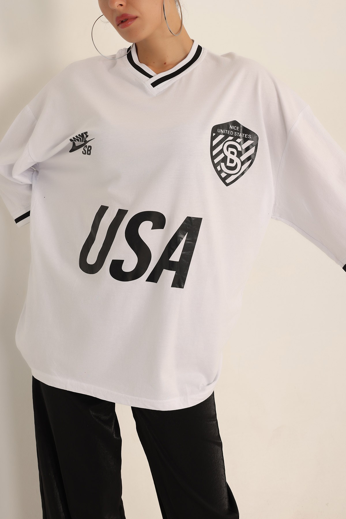 Beyaz Baskılı Oversize Bayan Tişört 193688