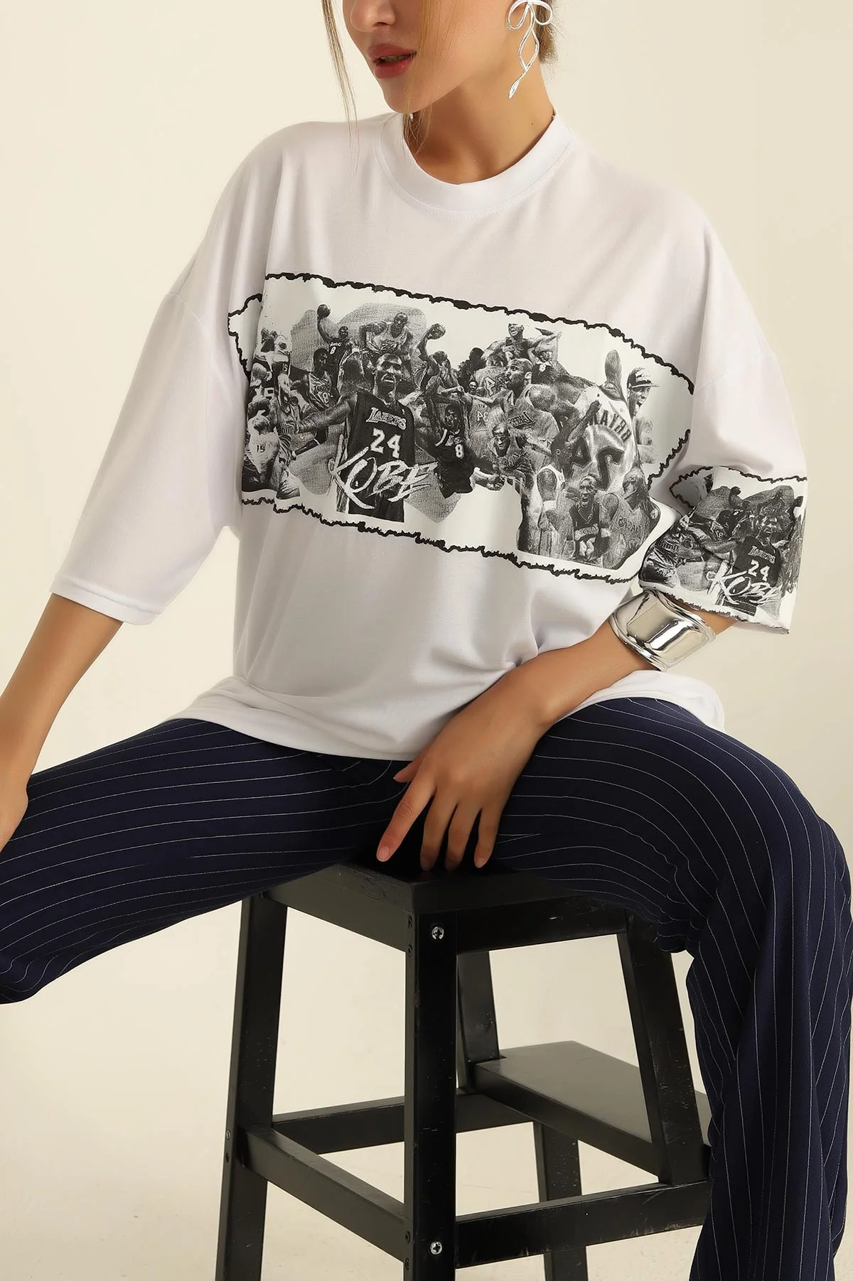 Beyaz Baskılı Oversize Bayan Tişört 198309