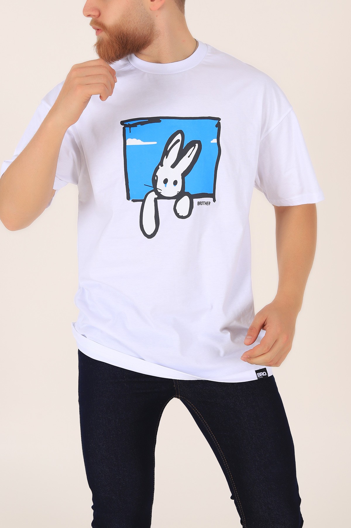 Beyaz Baskılı Oversize Erkek Tişört 164990