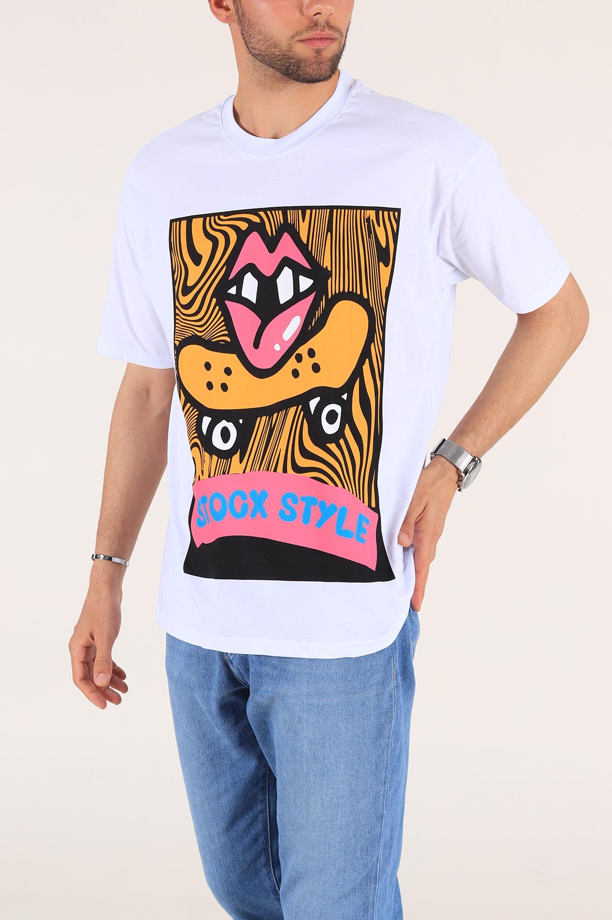 Beyaz Baskılı Oversize Erkek Tişört 176241