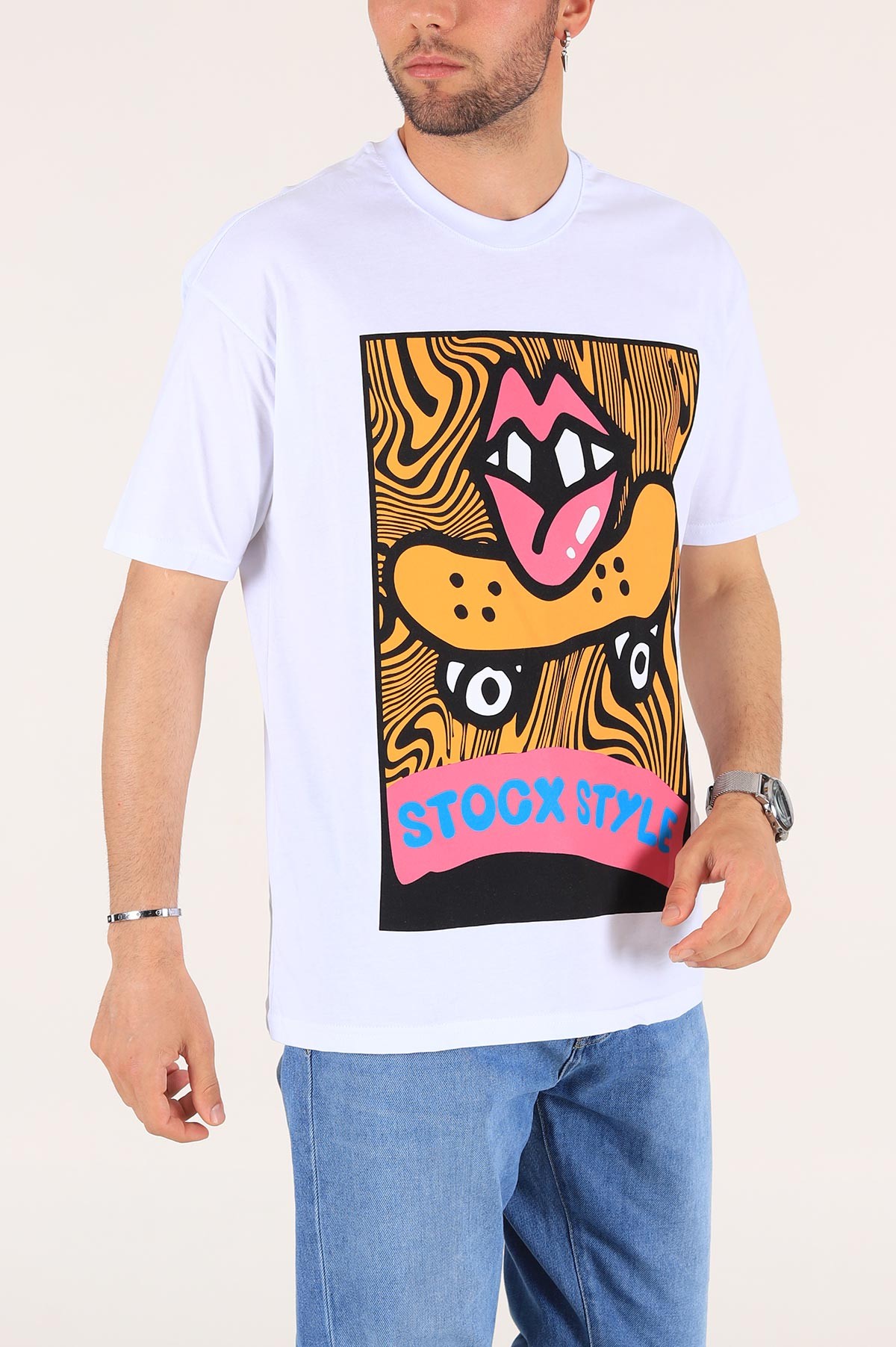 Beyaz Baskılı Oversize Erkek Tişört 176241