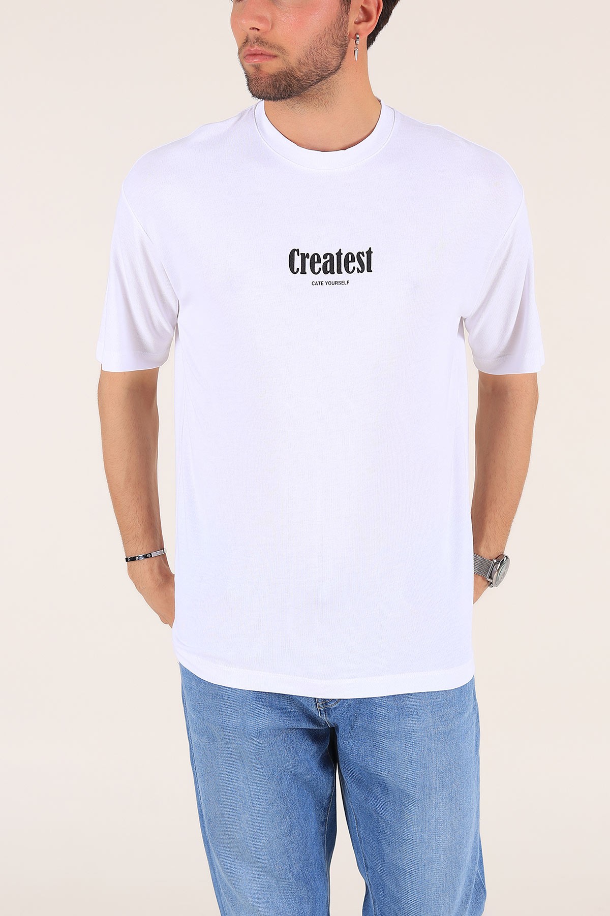 Beyaz Baskılı Oversize Erkek Tişört 177461