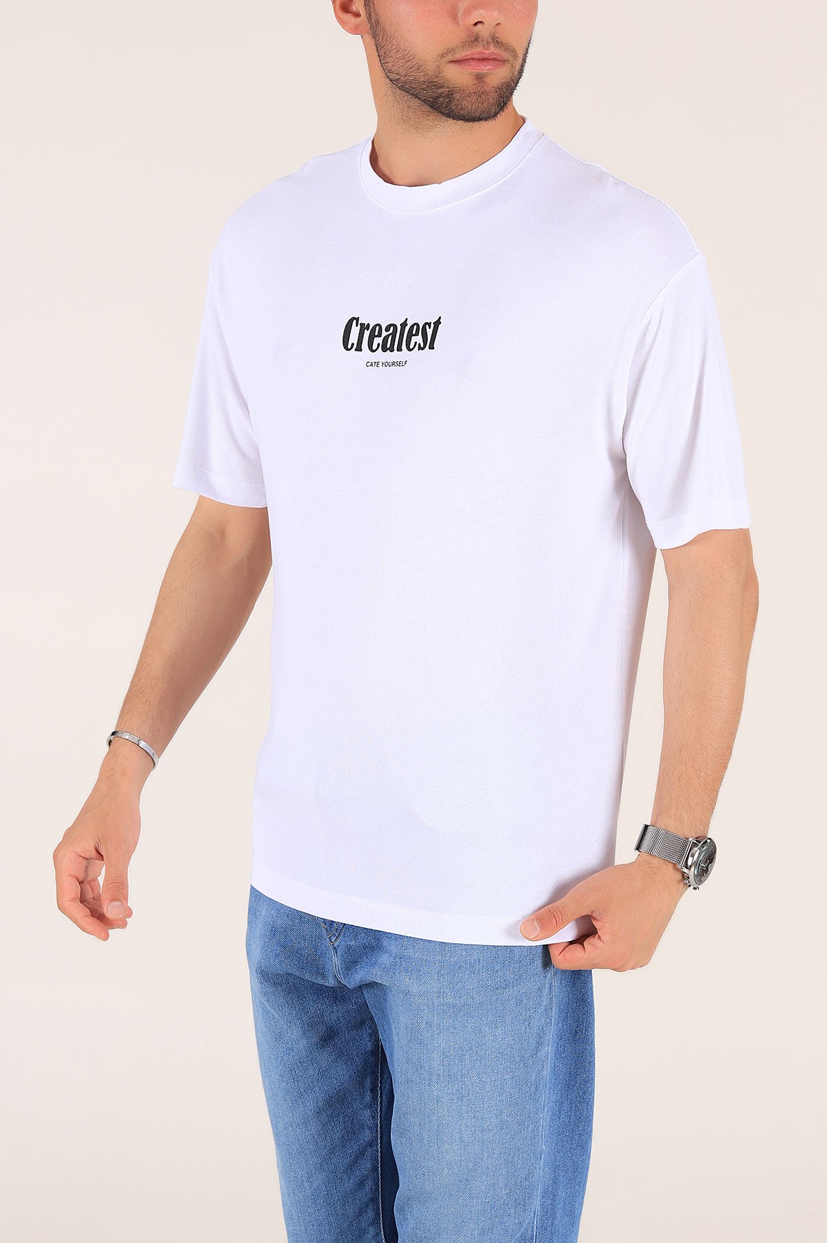 Beyaz Baskılı Oversize Erkek Tişört 177461