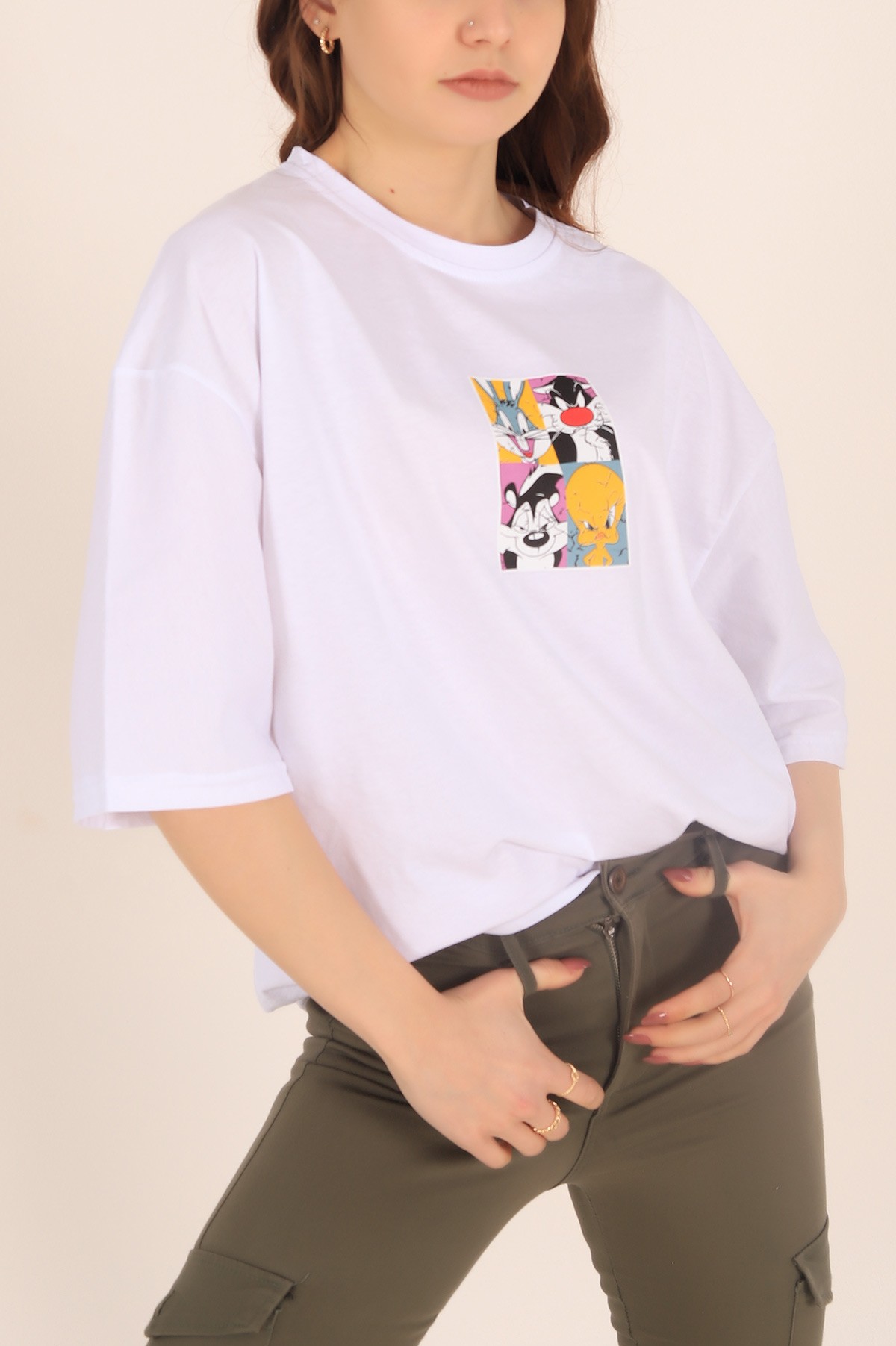 Beyaz Baskılı Oversize Tişört 169882