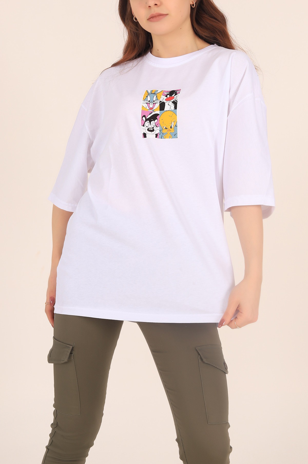 Beyaz Baskılı Oversize Tişört 169882
