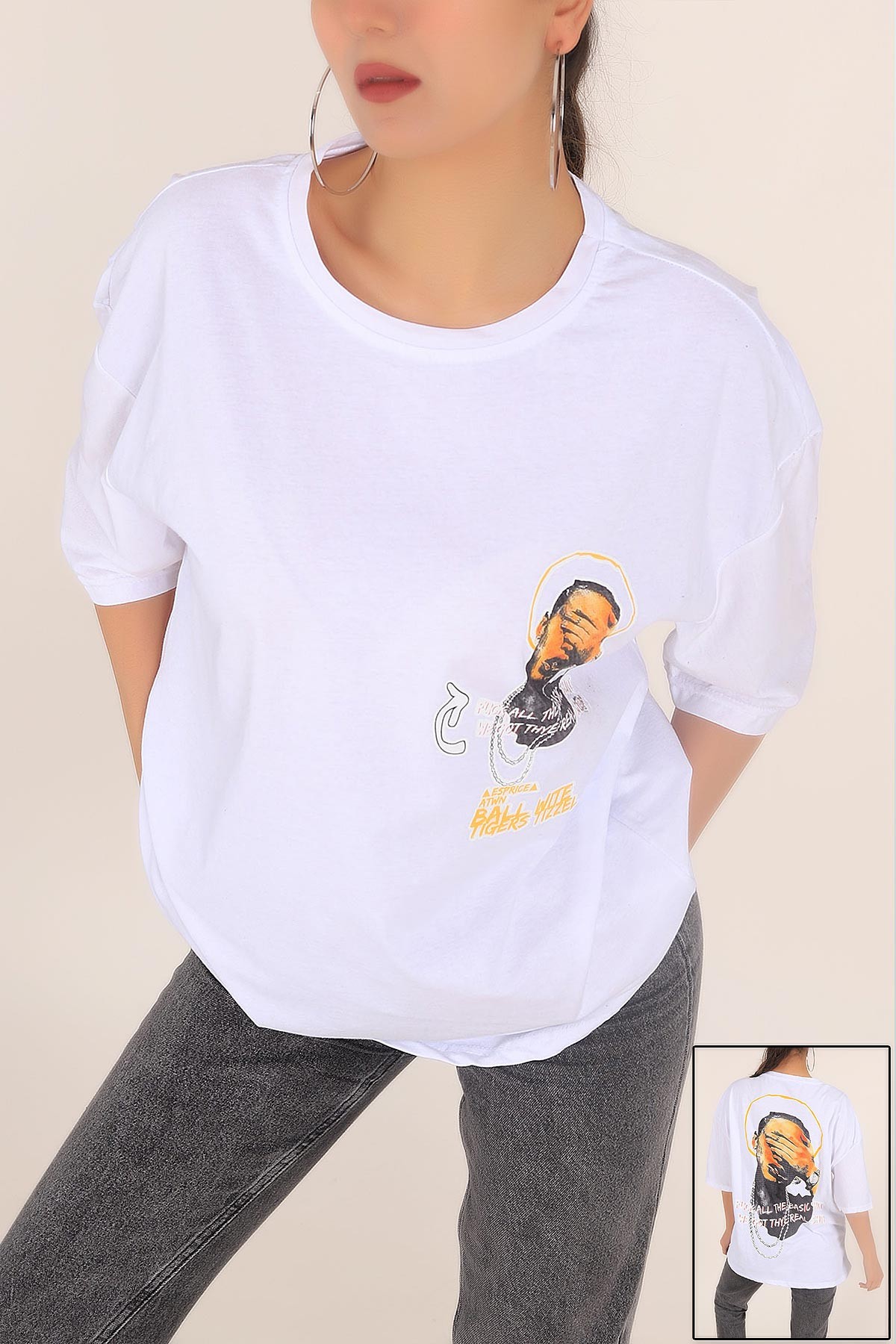 Beyaz Baskılı Oversize Tişört 169891