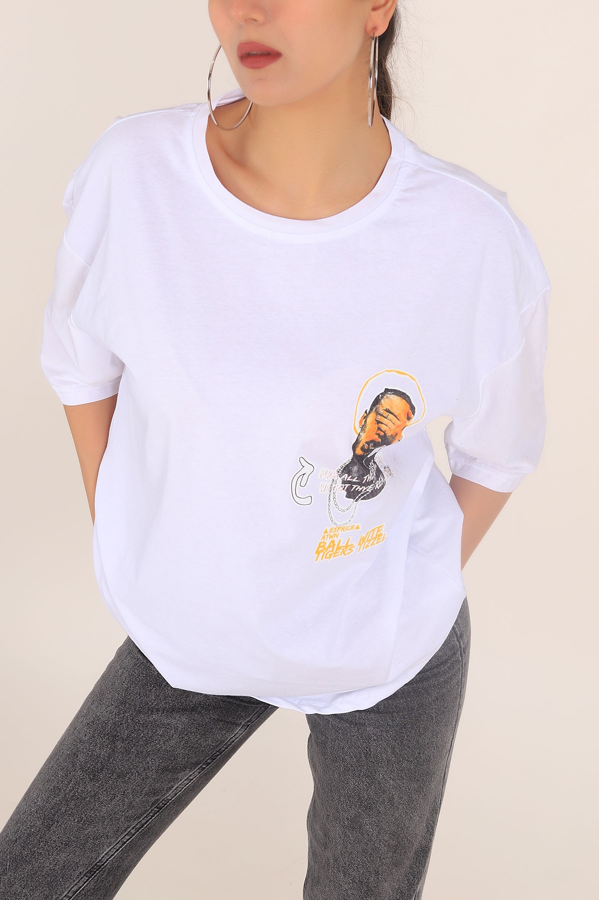 Beyaz Baskılı Oversize Tişört 169891