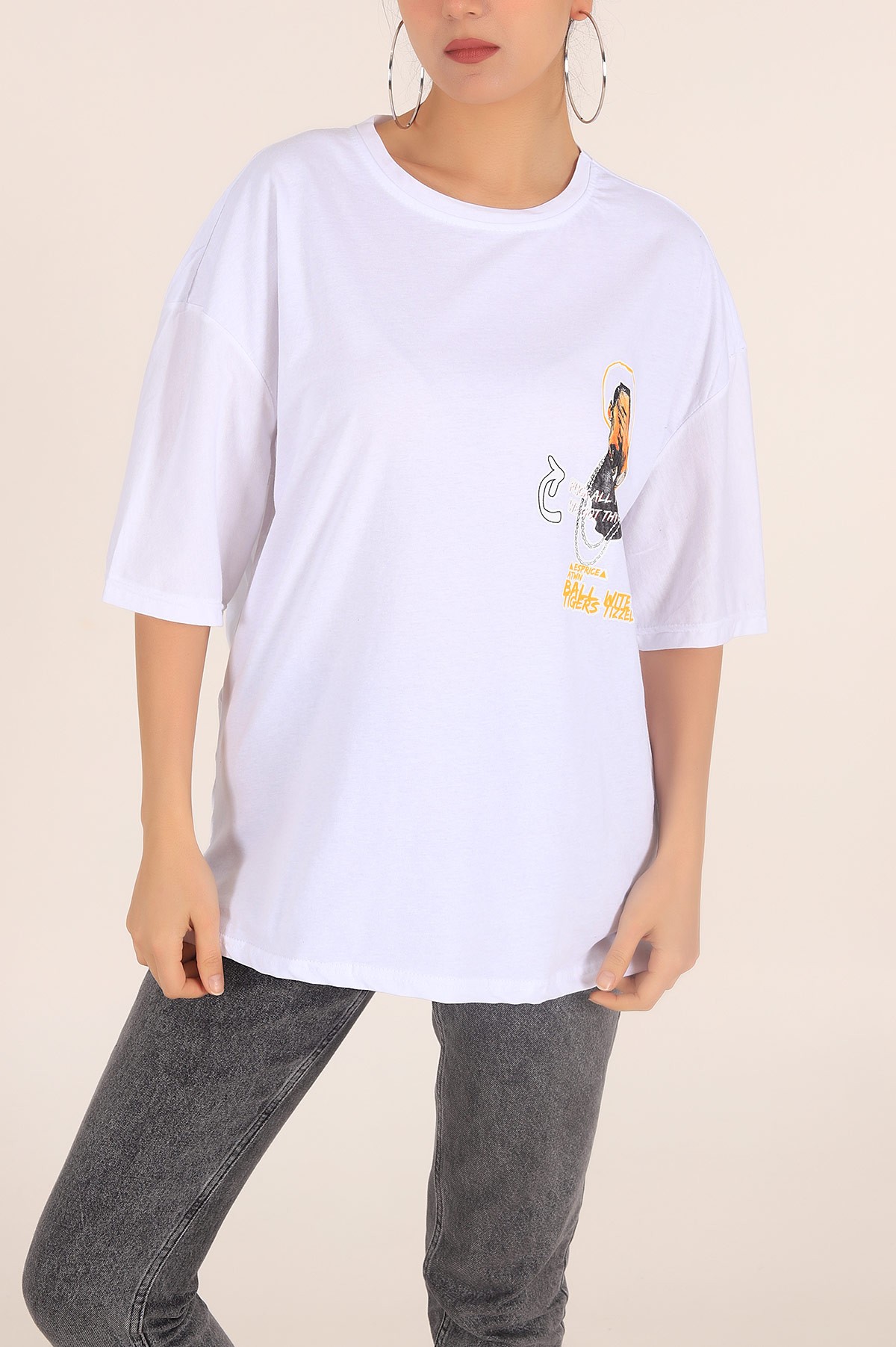 Beyaz Baskılı Oversize Tişört 169891