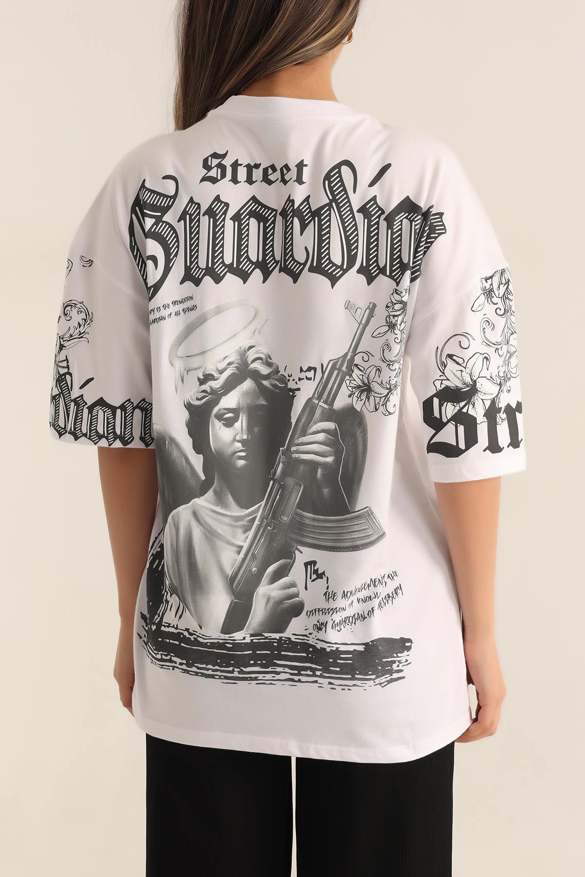 Beyaz Baskılı Oversize Tişört 184607