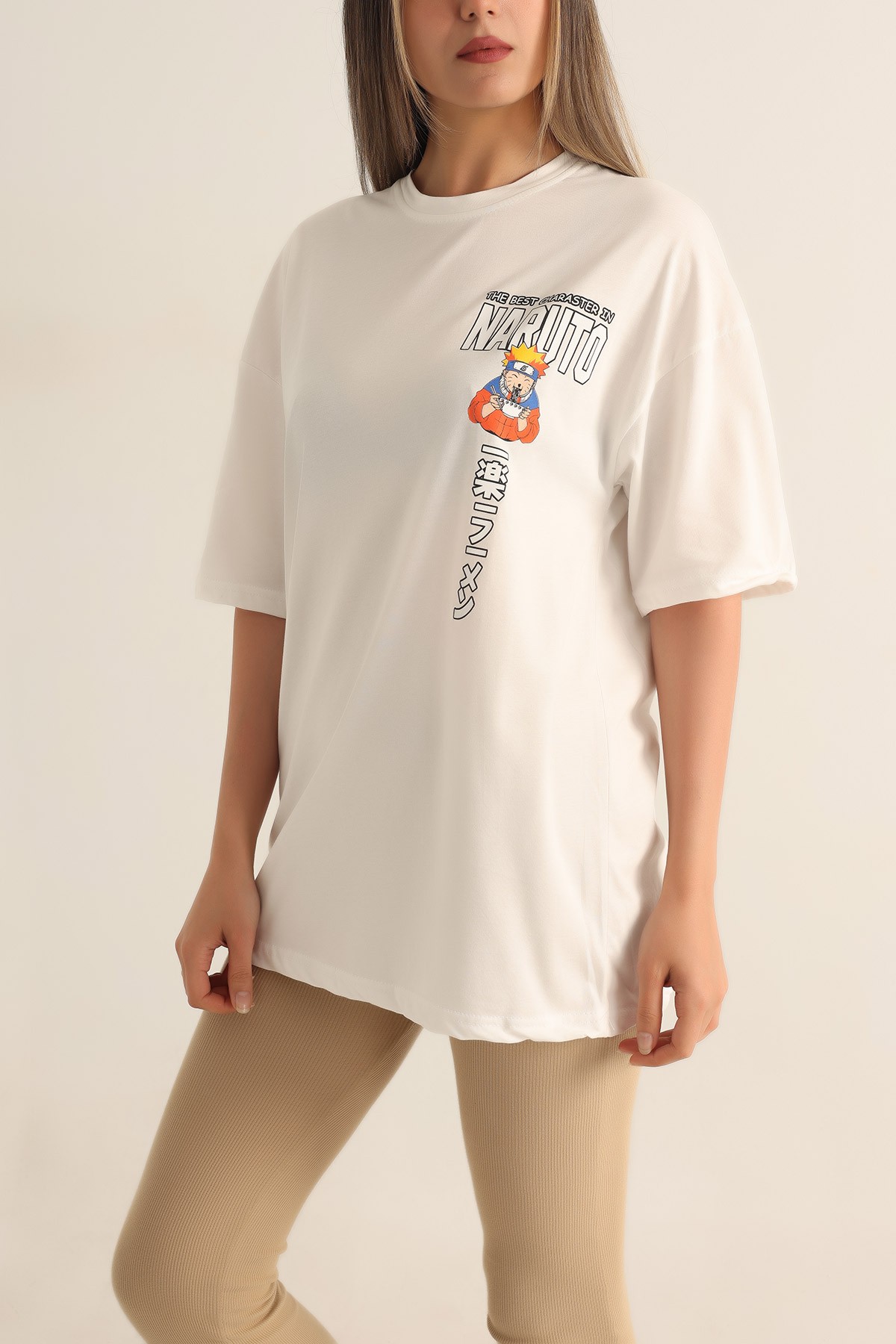 Beyaz Baskılı Oversize Tişört 184614