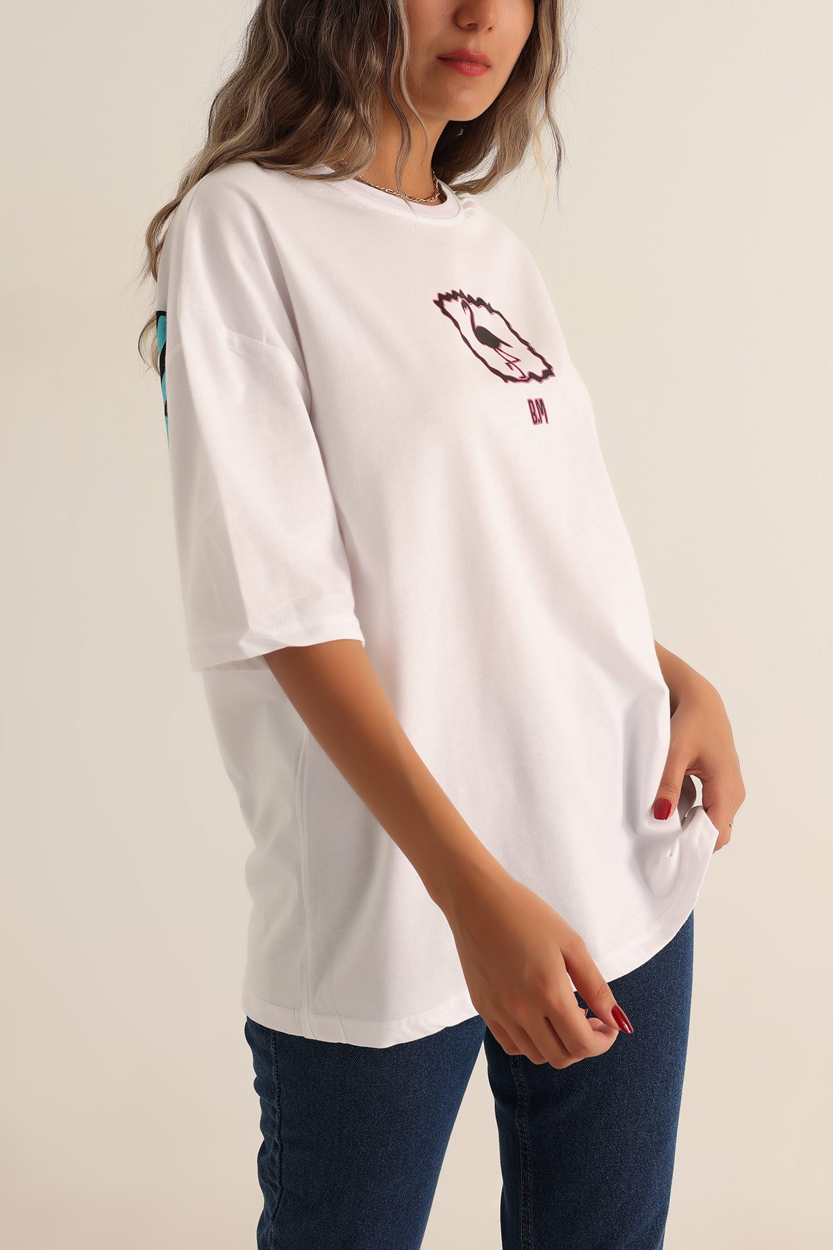 Beyaz Baskılı Oversize Tişört 193581