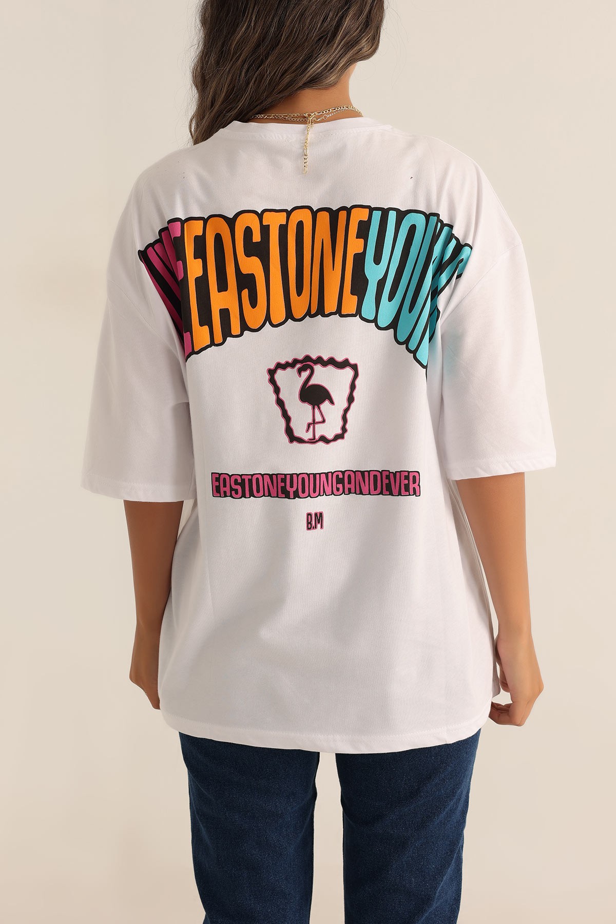 Beyaz Baskılı Oversize Tişört 193581