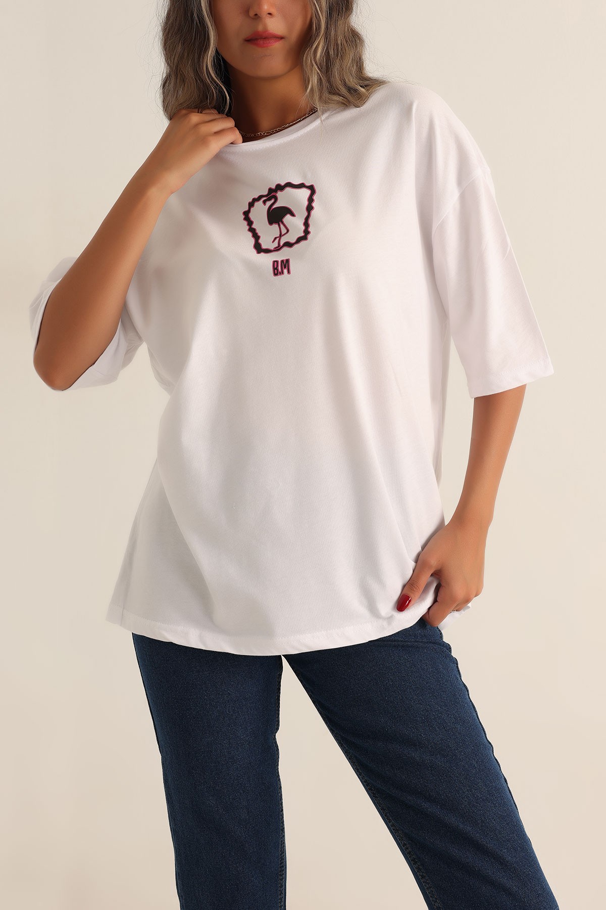 Beyaz Baskılı Oversize Tişört 193581