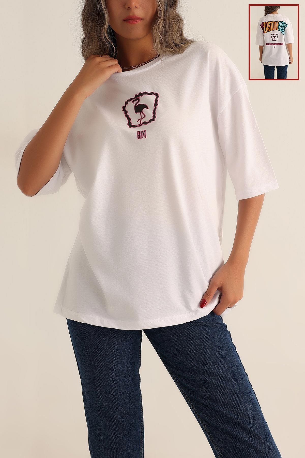 Beyaz Baskılı Oversize Tişört 193581