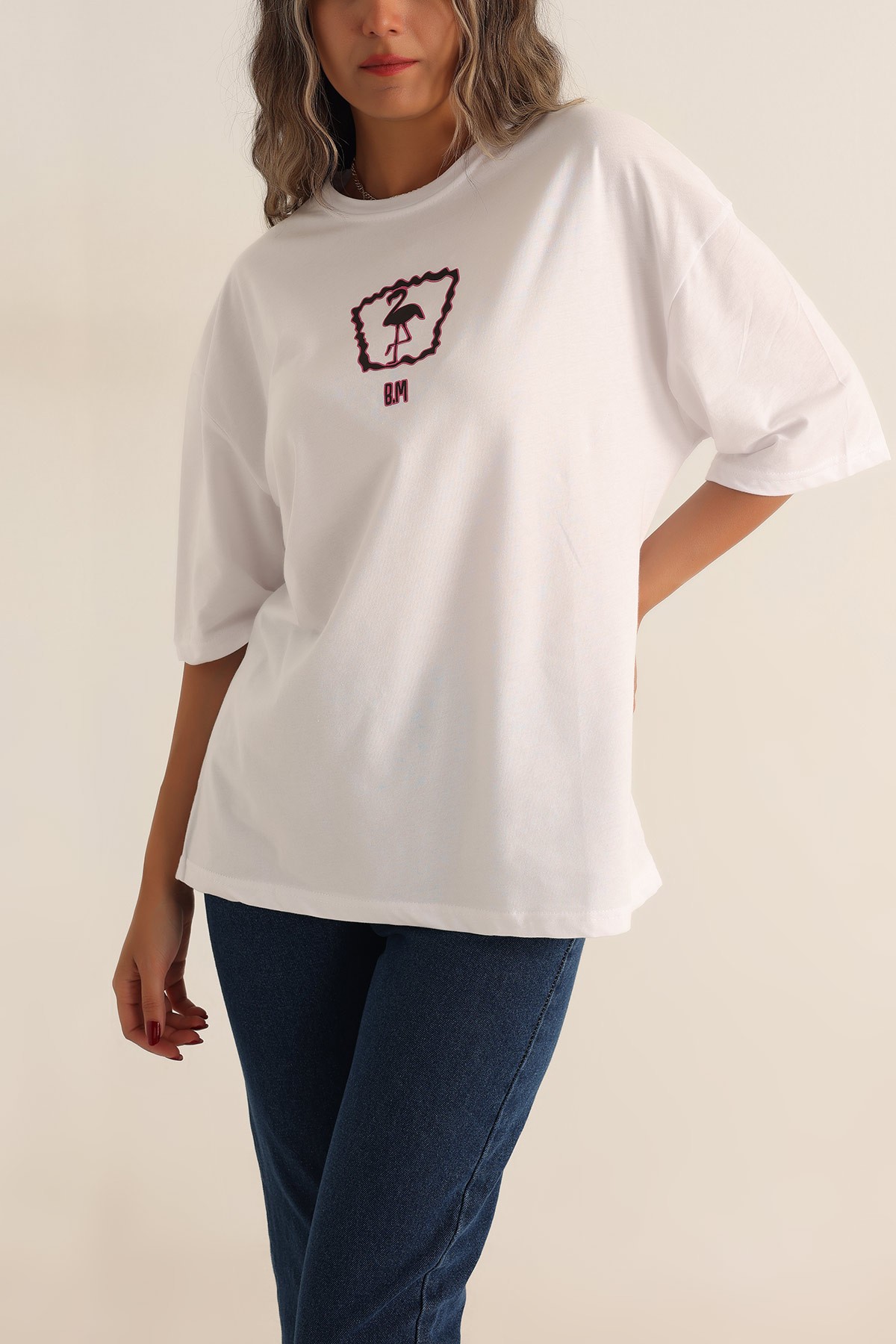 Beyaz Baskılı Oversize Tişört 193581