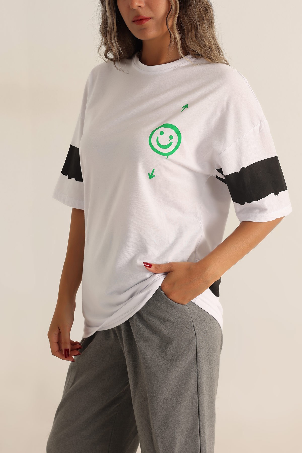 Beyaz Baskılı Oversize Tişört 193626