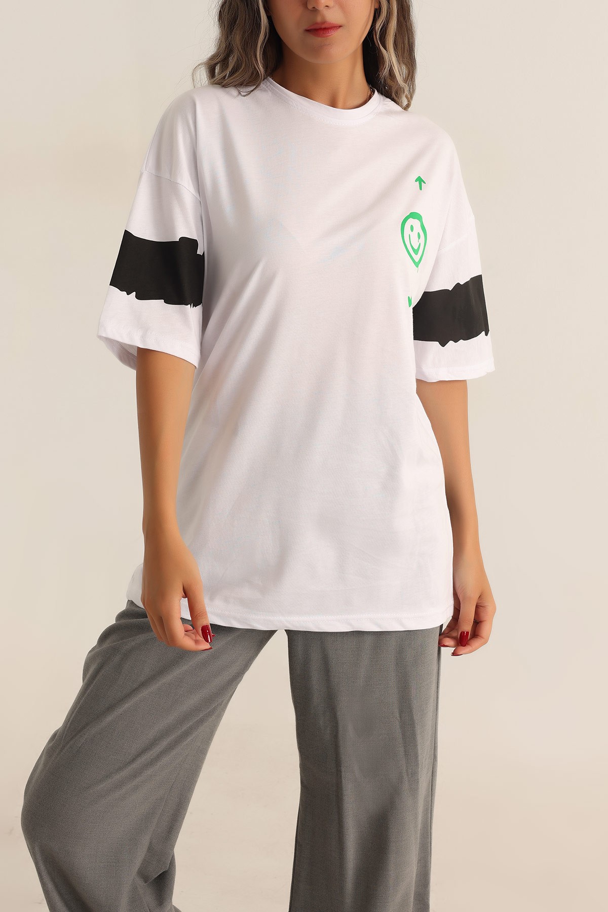 Beyaz Baskılı Oversize Tişört 193626