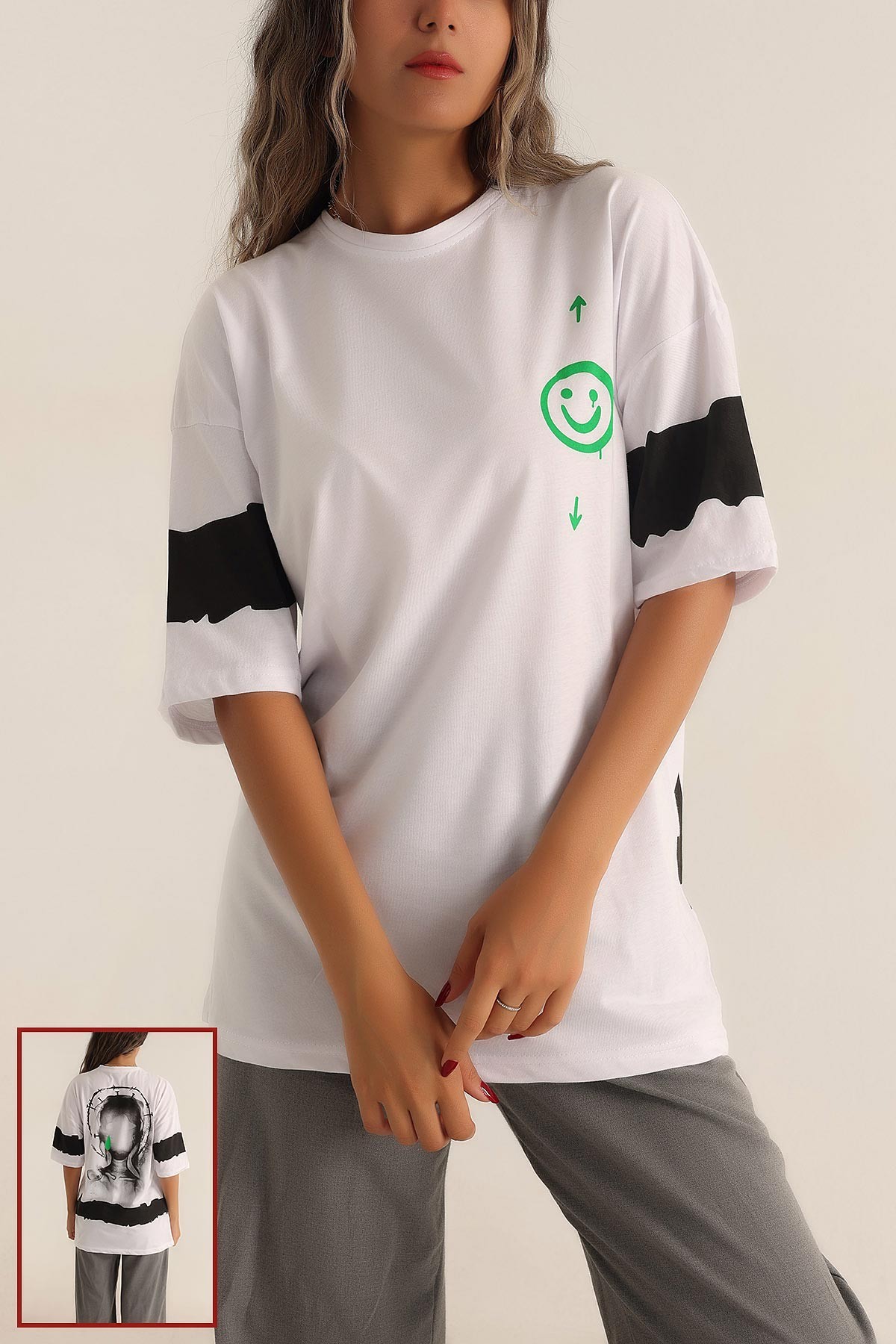 Beyaz Baskılı Oversize Tişört 193626