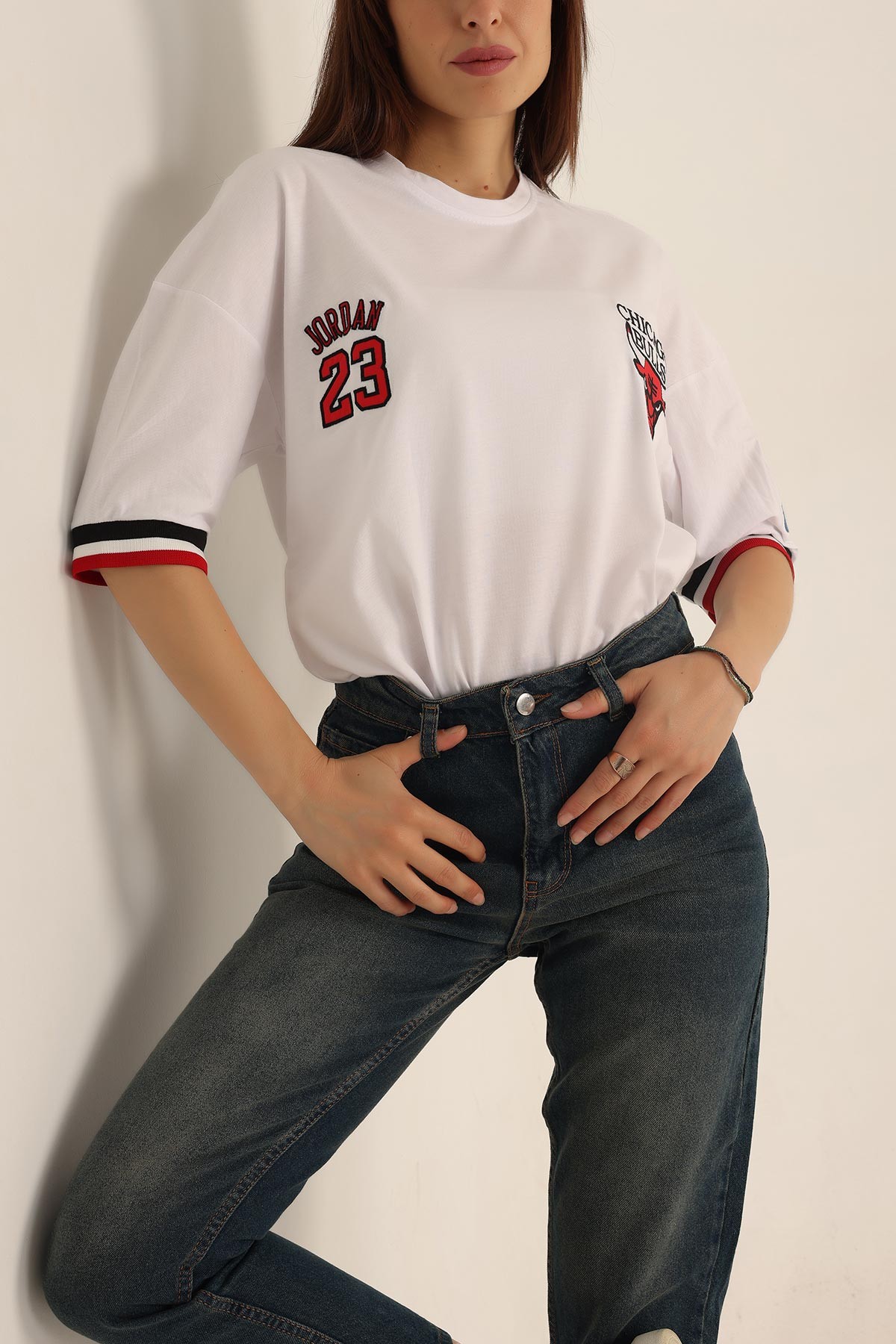 Beyaz Baskılı Oversize Tişört 193631