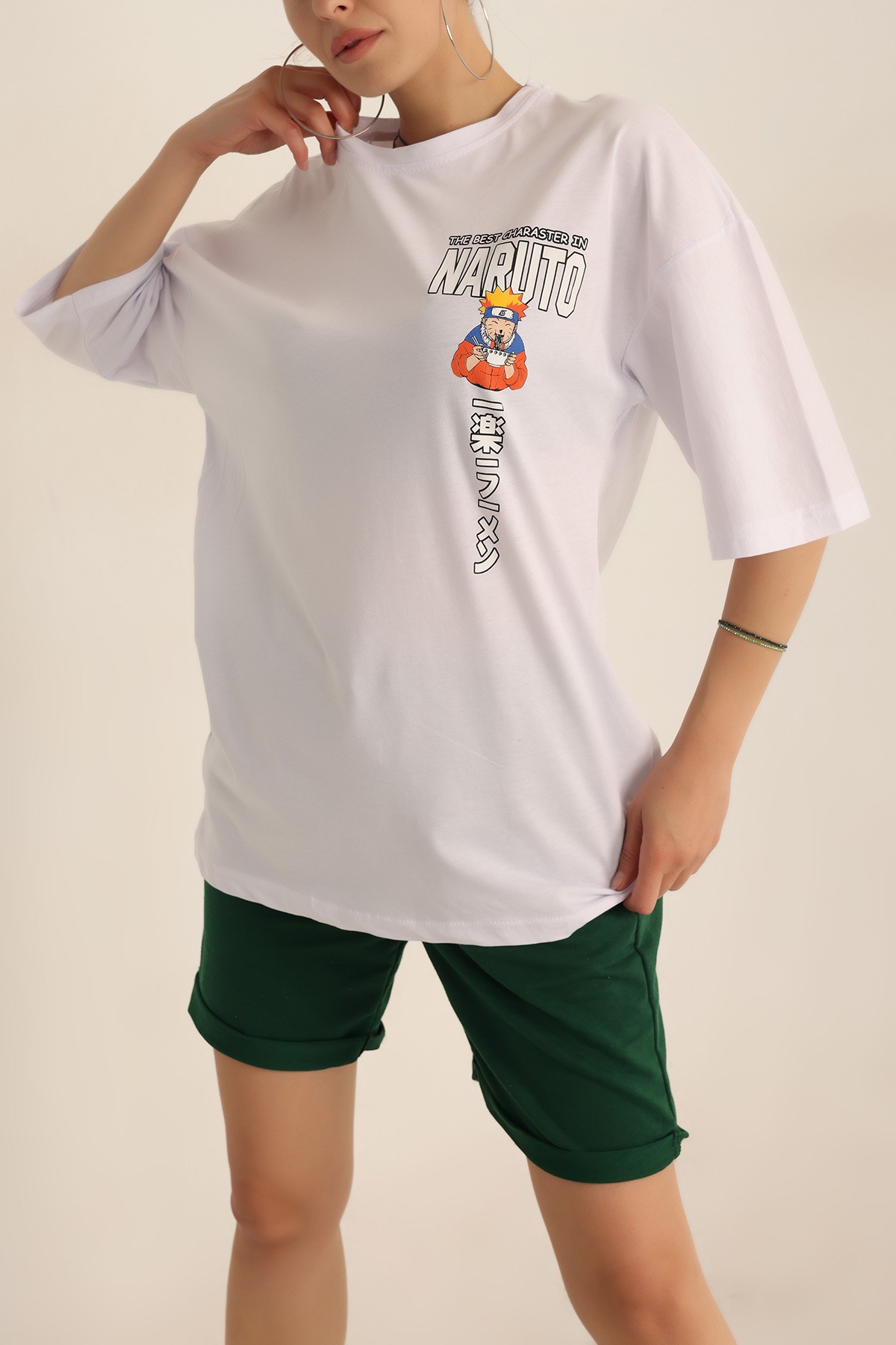 Beyaz Baskılı Oversize Tişört 193634