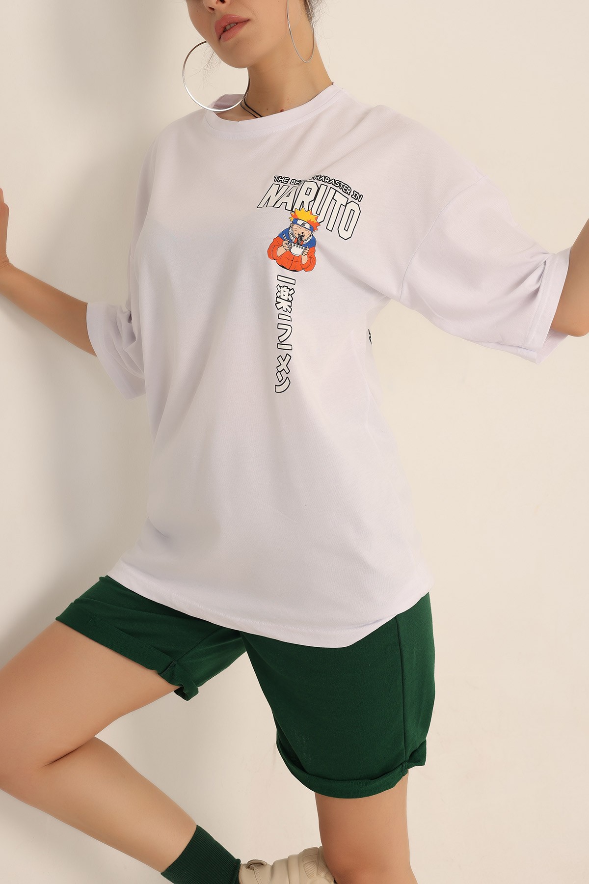 Beyaz Baskılı Oversize Tişört 193634