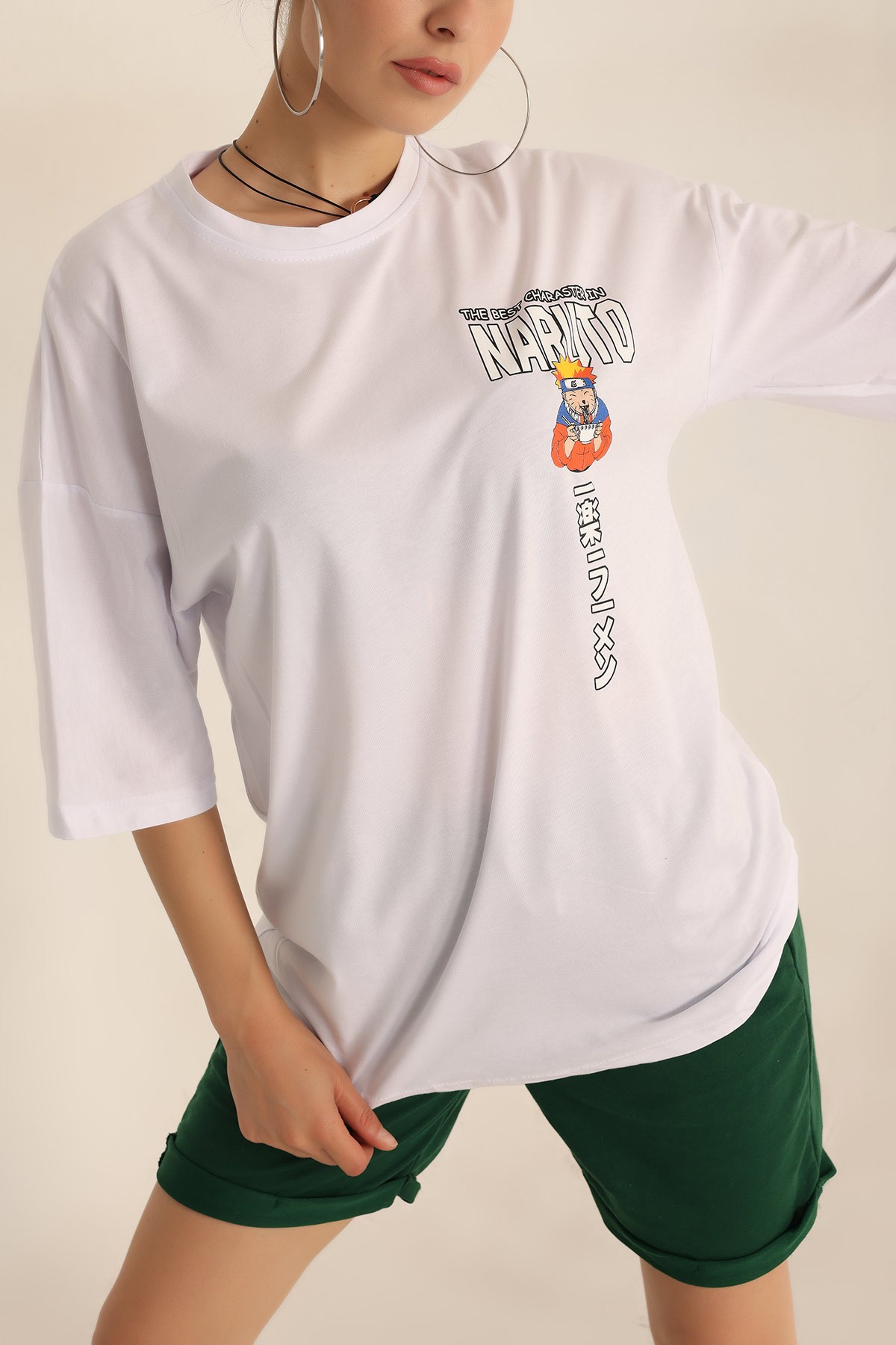 Beyaz Baskılı Oversize Tişört 193634