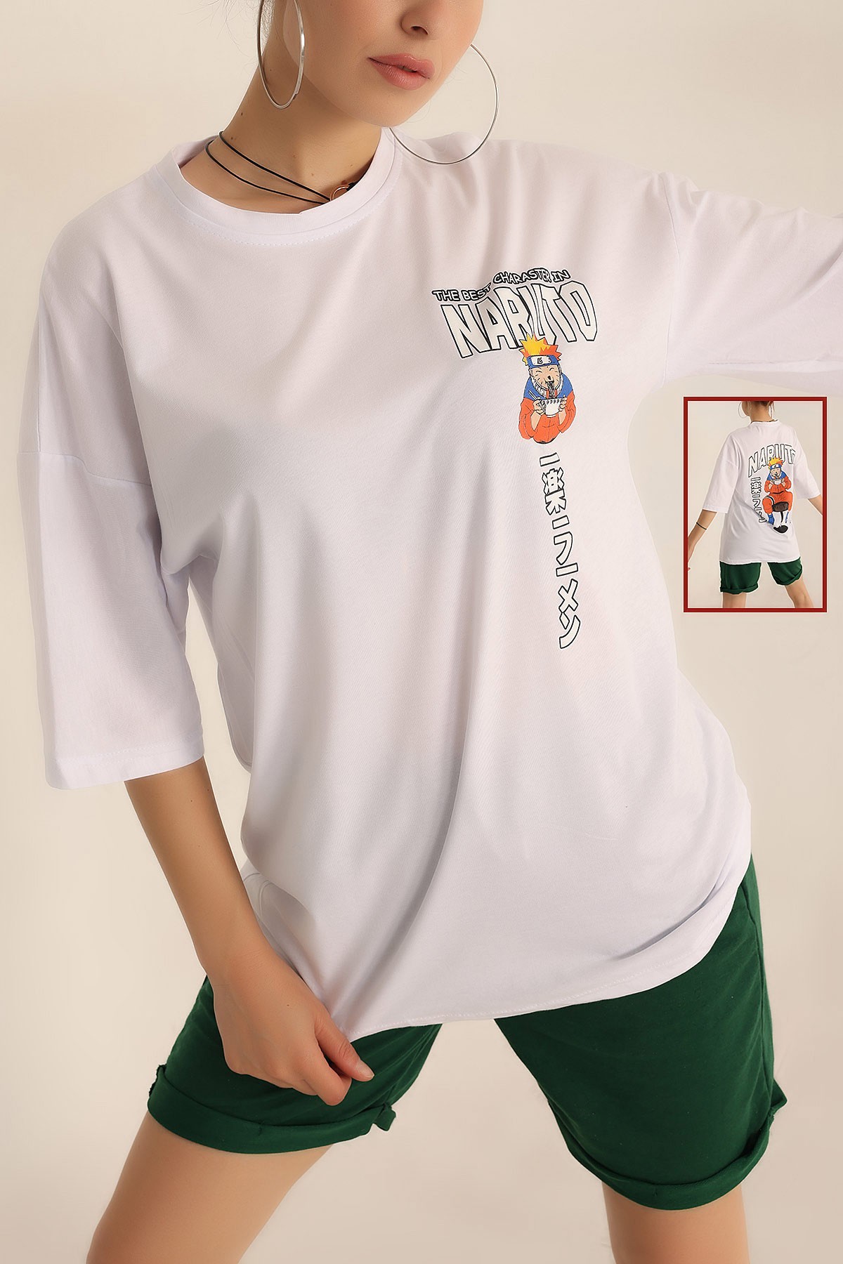 Beyaz Baskılı Oversize Tişört 193634