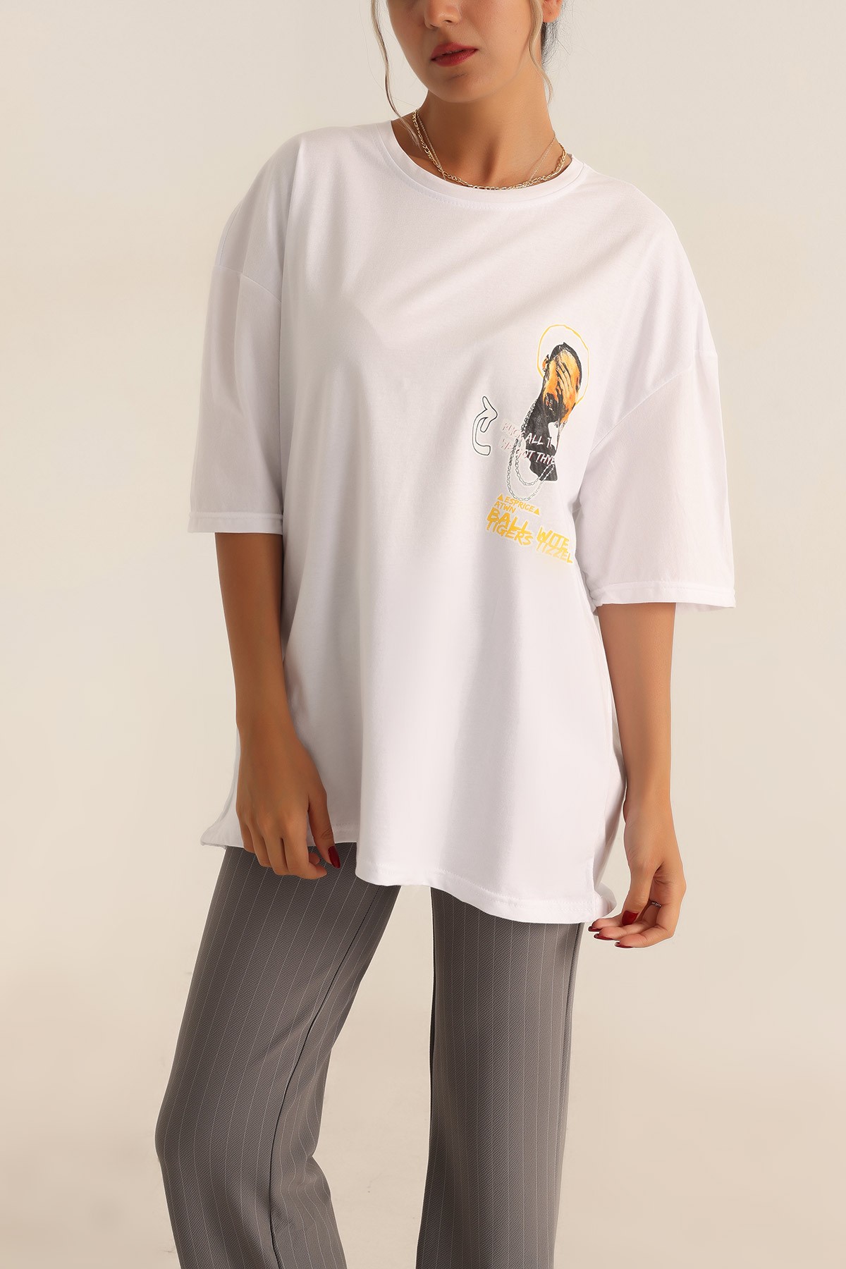 Beyaz Baskılı Oversize Tişört 193637