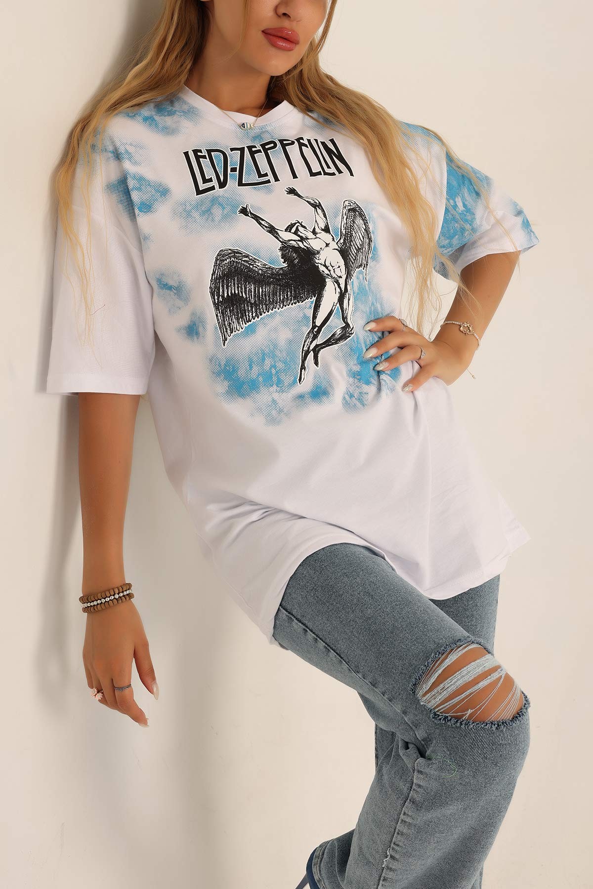 Beyaz Baskılı Oversize Tişört 193641