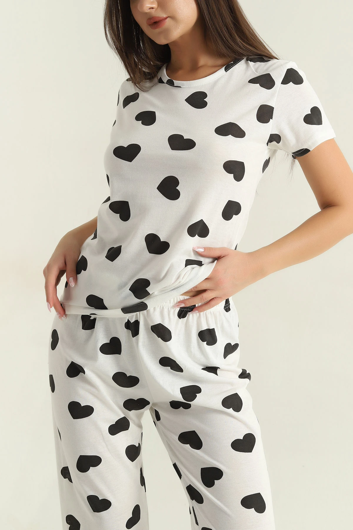 Beyaz Baskılı Penye Kadın Pijama Takımı 375968