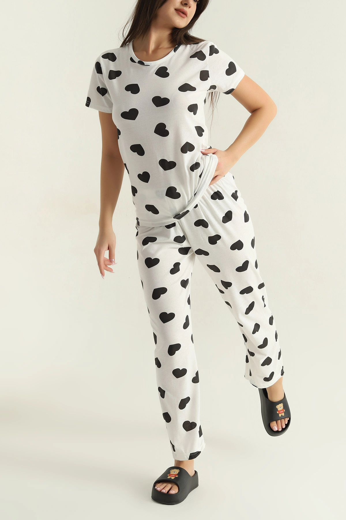 Beyaz Baskılı Penye Kadın Pijama Takımı 375968