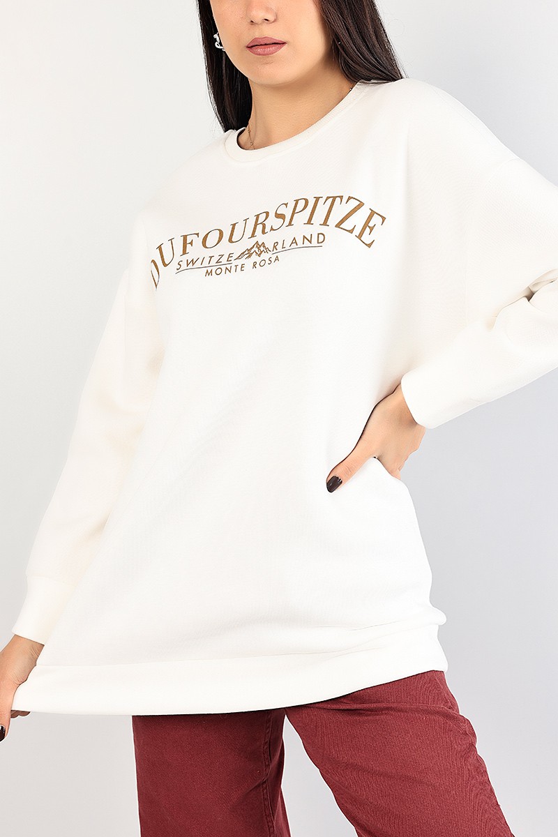 Beyaz Baskılı Şardonlu Bayan Sweat 85027
