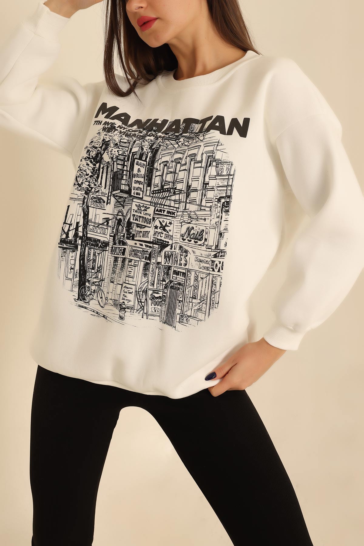 Beyaz Baskılı Şardonlu Sweat 216600
