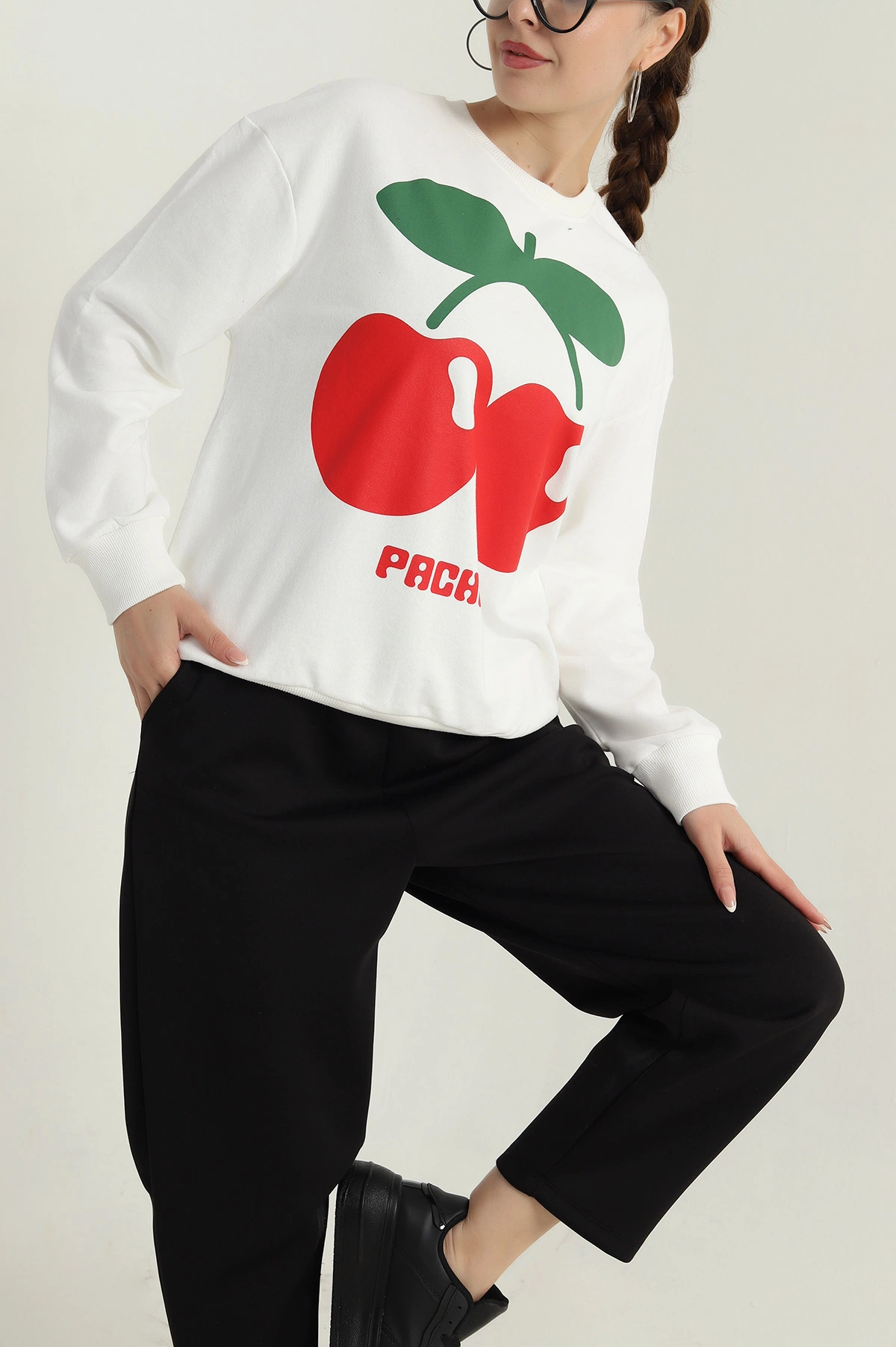 Beyaz Baskılı Üç İp Kadın Sweat 396365