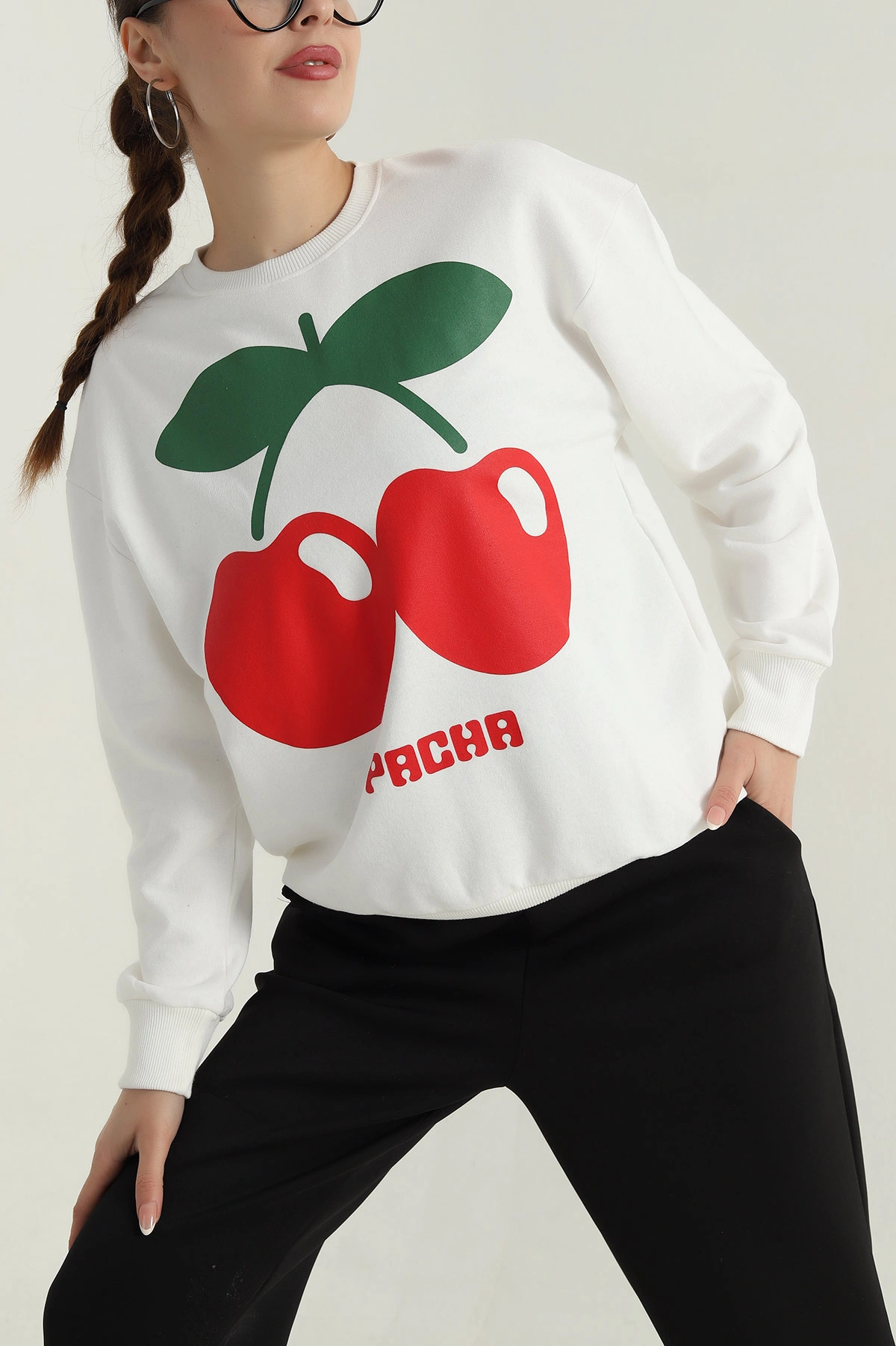Beyaz Baskılı Üç İp Kadın Sweat 396365