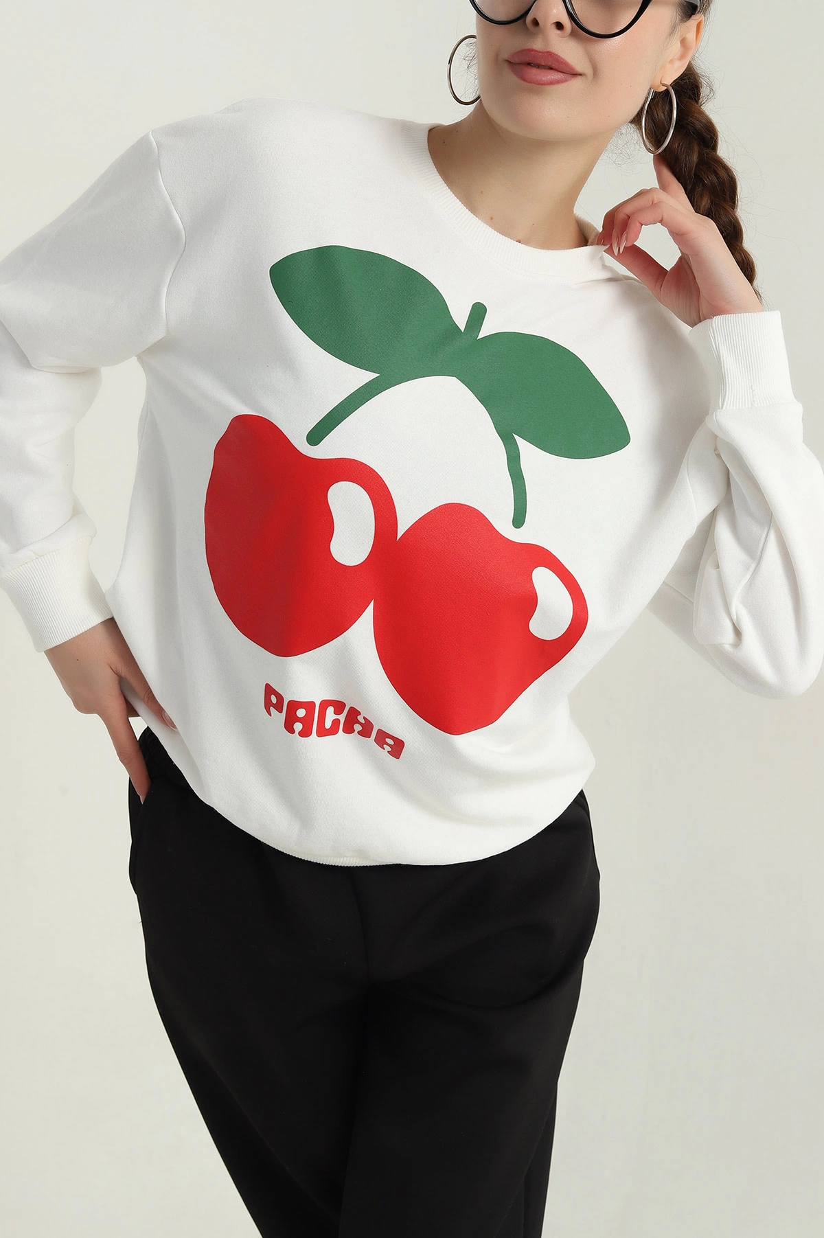 Beyaz Baskılı Üç İp Kadın Sweat 396365