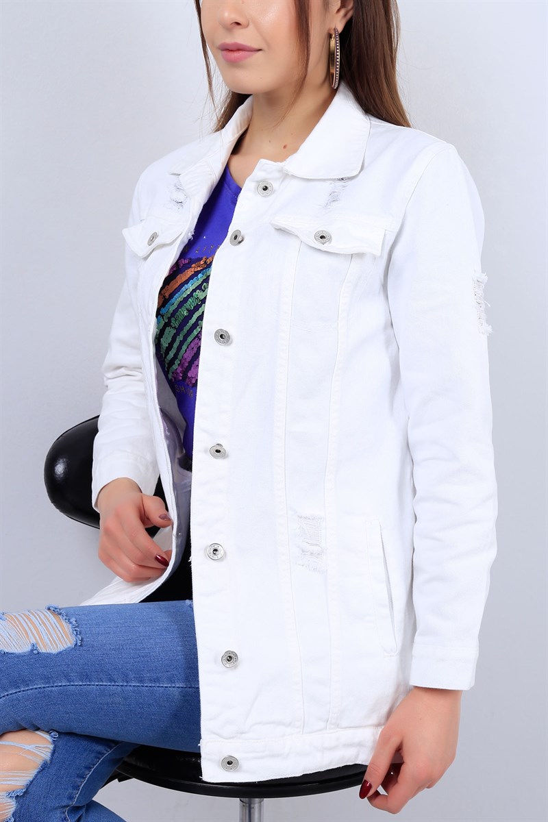 Beyaz Bayan Yırtık Kot Ceket 12570B