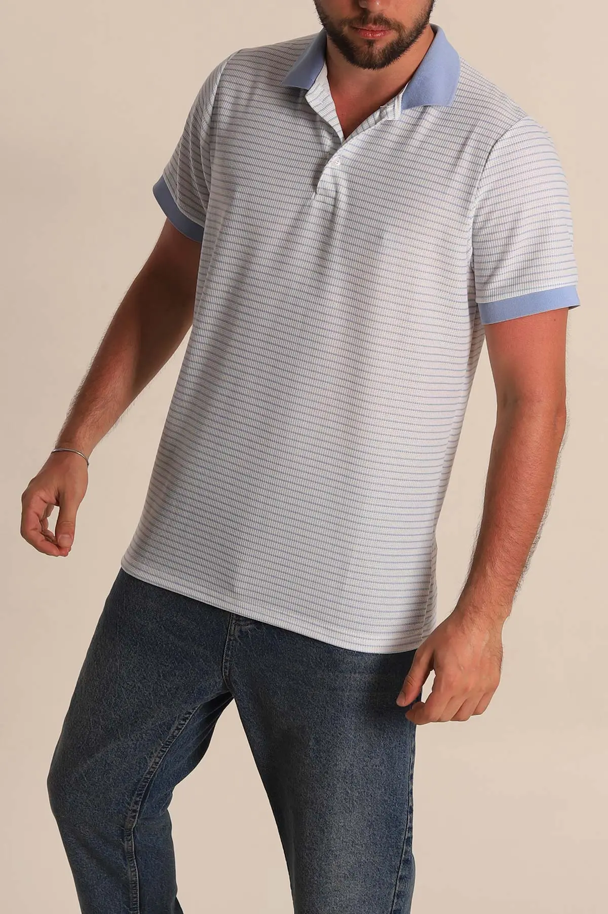 Beyaz Bebe Mavisi Çizgili Regular Fit Polo Yaka Erkek Tişört 277112
